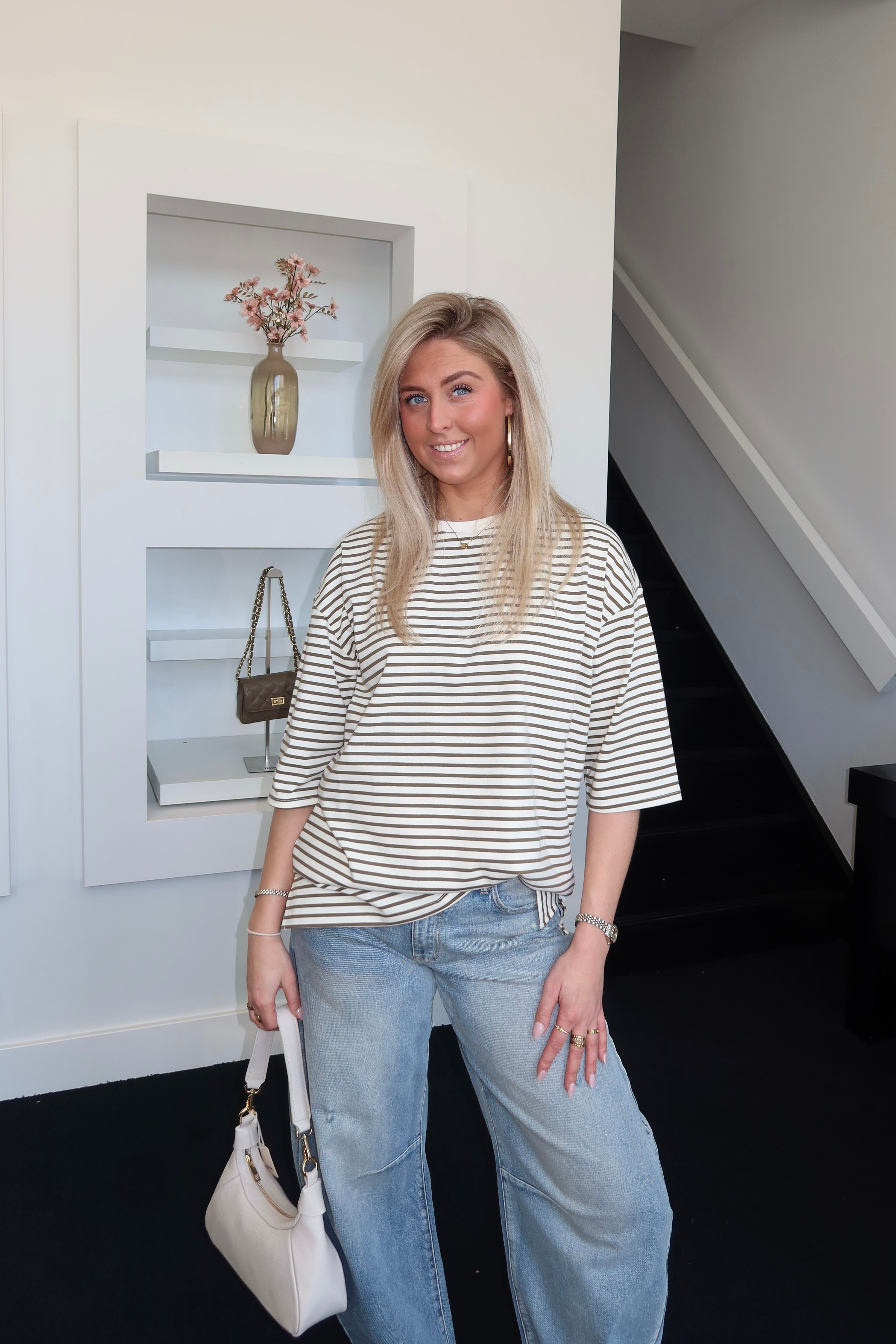 Oversized Striped Tee Beige Green 77033