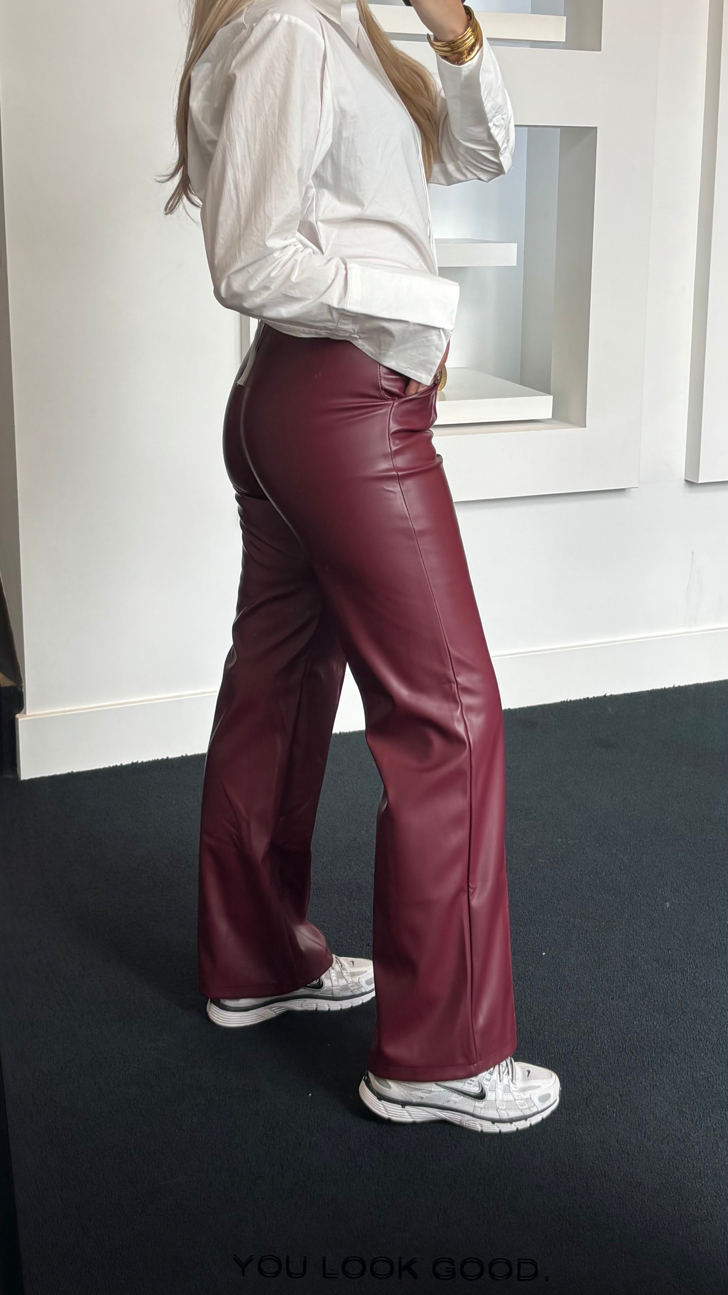 Eef Straight Leather Pants Burgundy 391