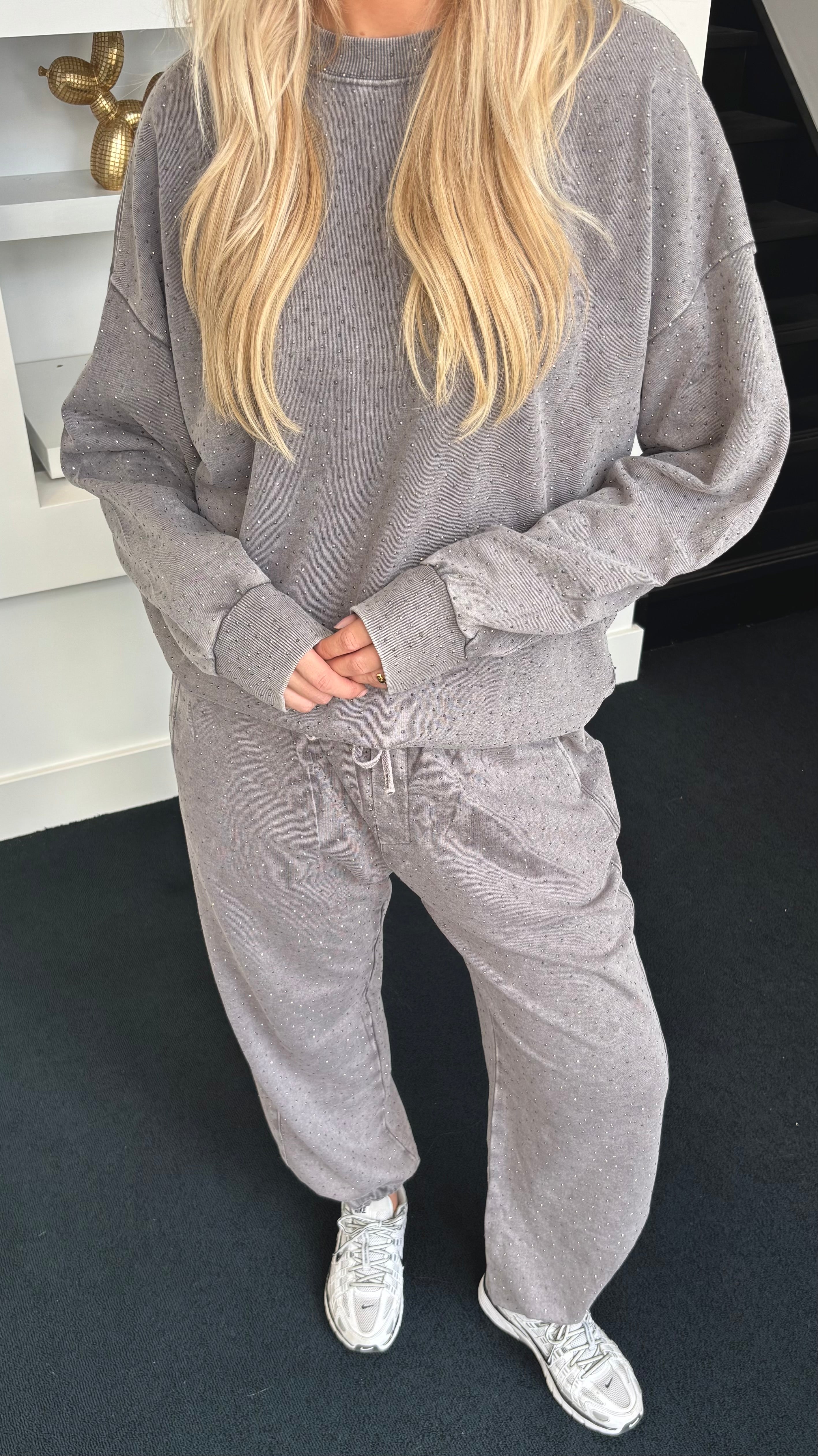 Rhinestone Jogger Set Grey