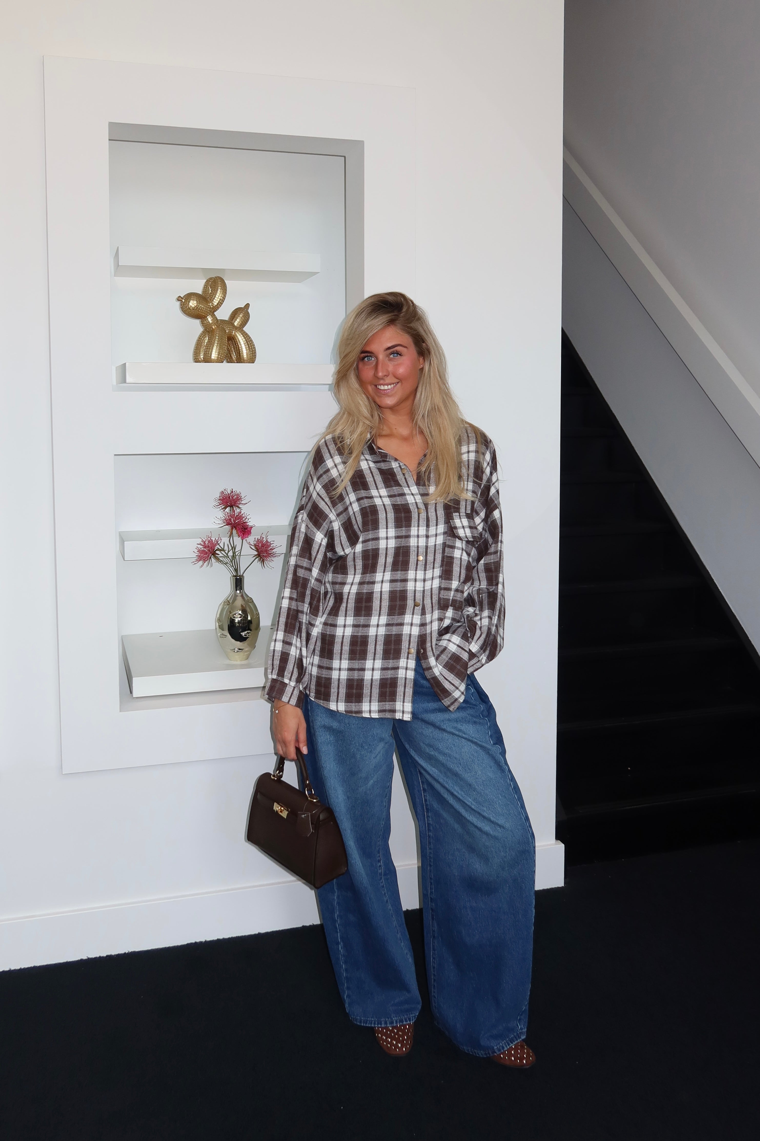 Oversized Plaid Blouse Brown 1029-1