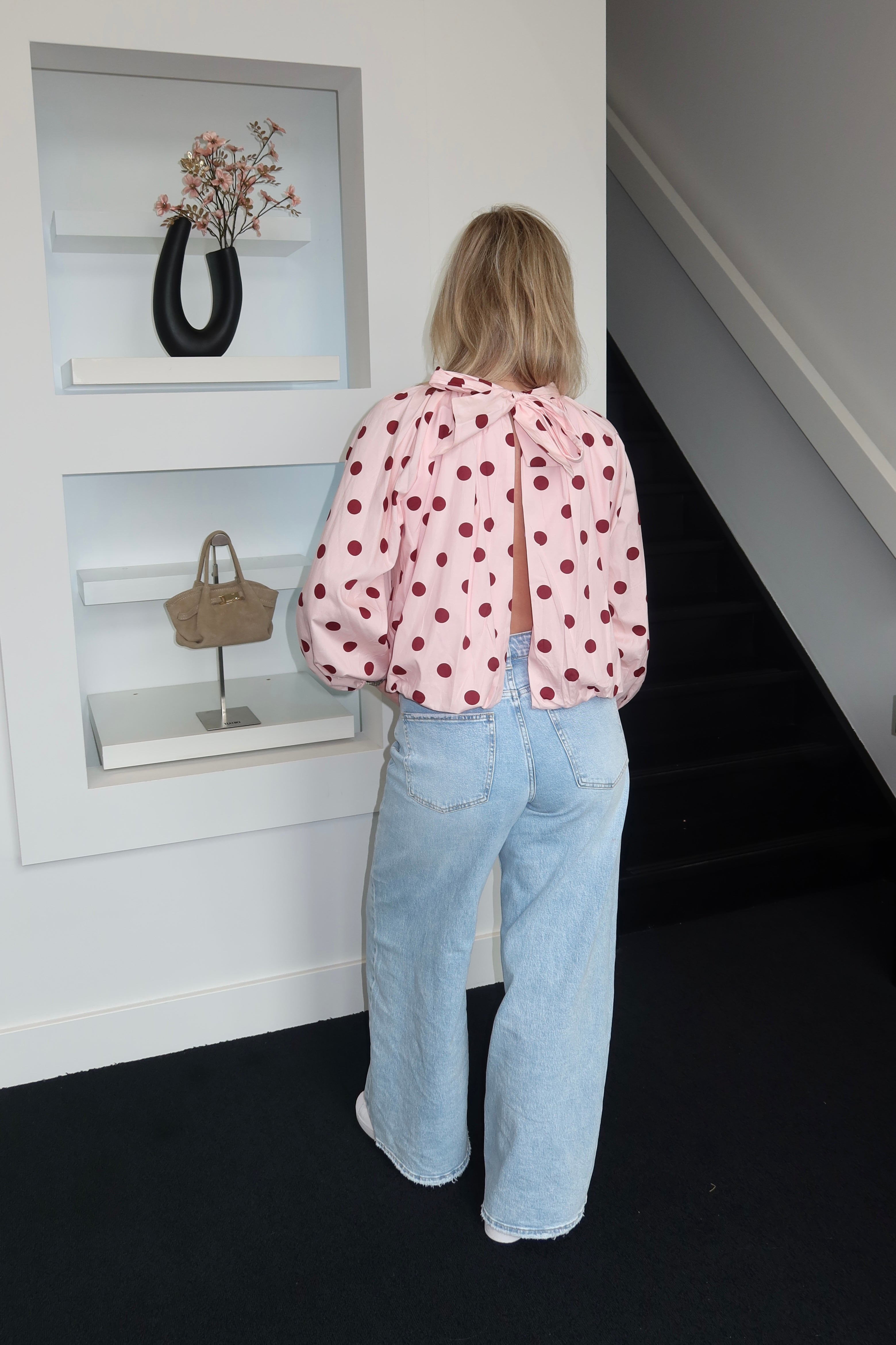 Polka Dots Blouse Open Back Pink