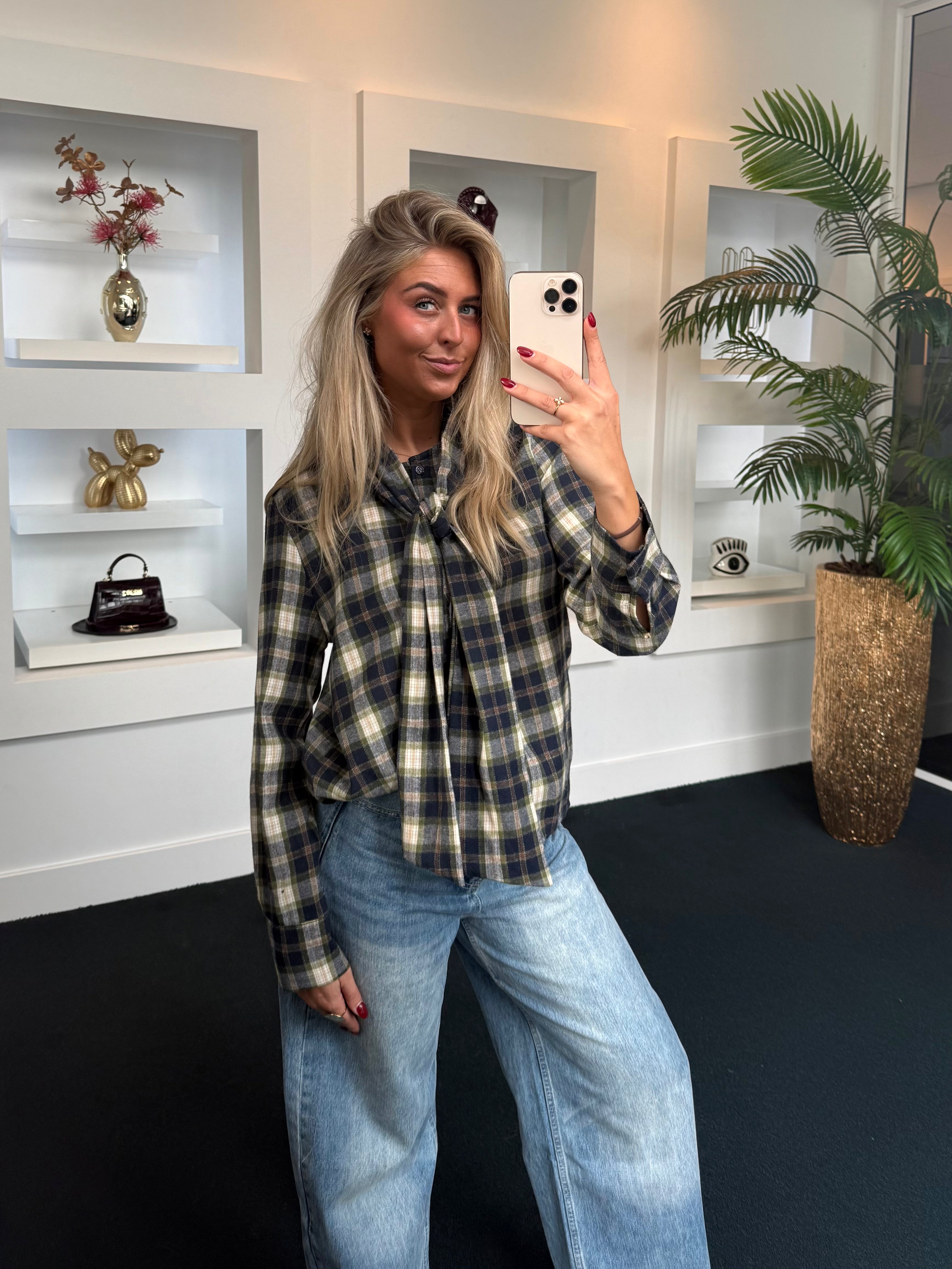 Scarf Plaid Blouse Navy