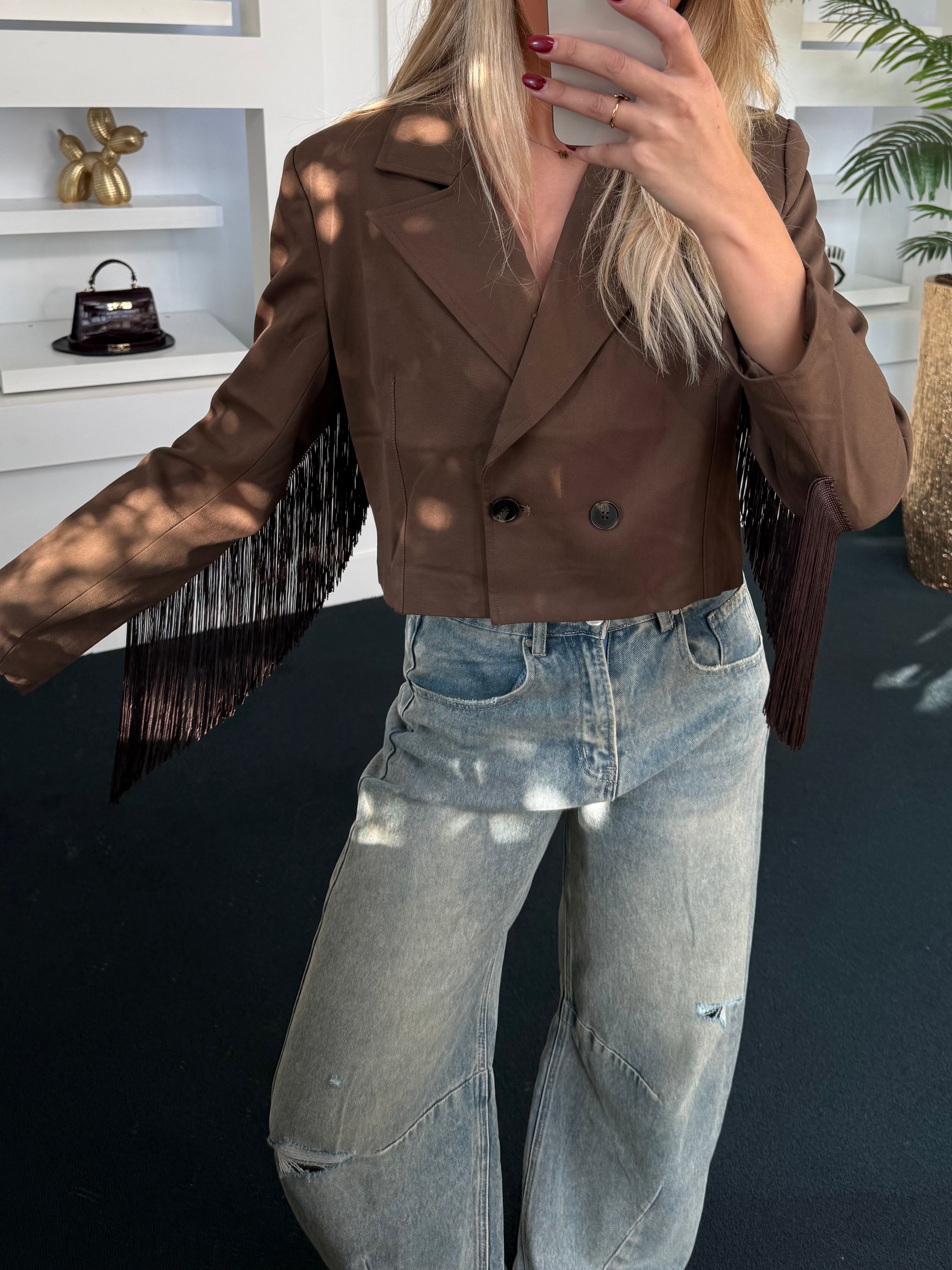 Evie Fringe Cropped Blazer Khaki