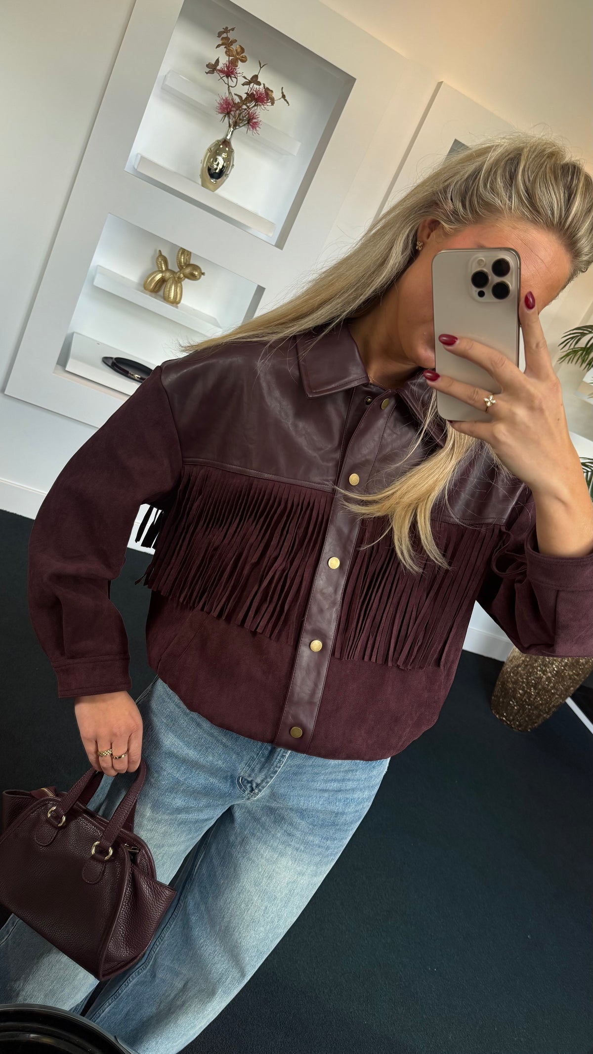 Fringe Suede Leather Jacket Bordeaux 30311