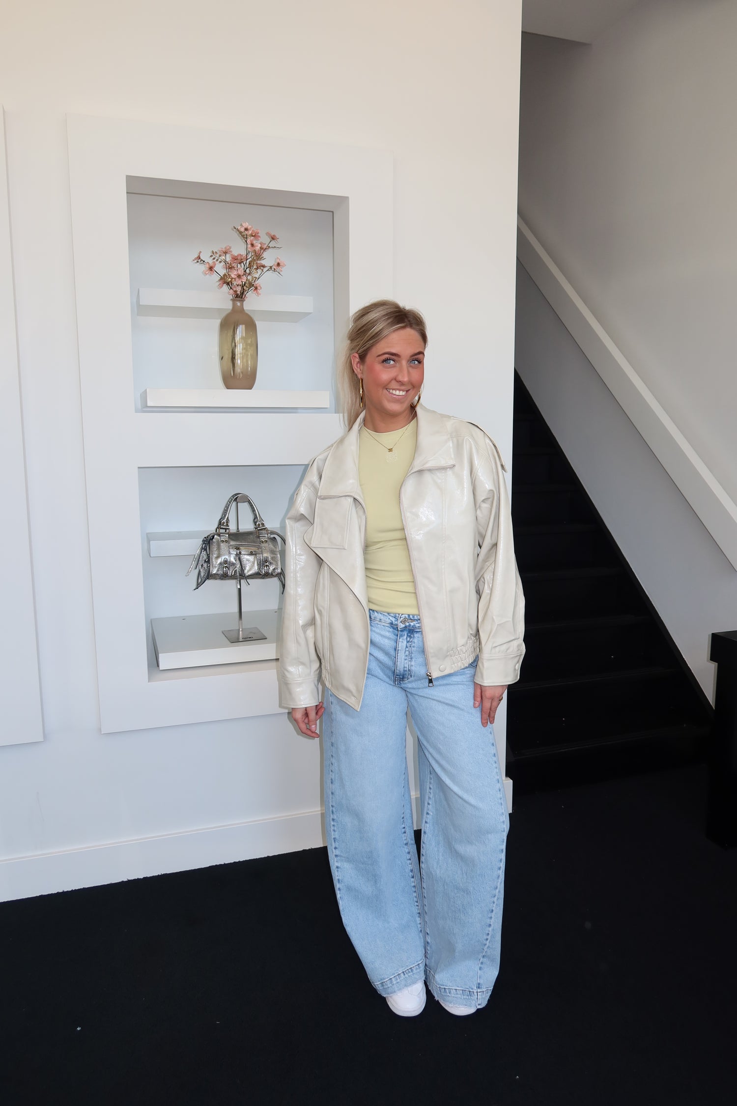 Maeve Shiny Faux Leather Jacket Beige 12