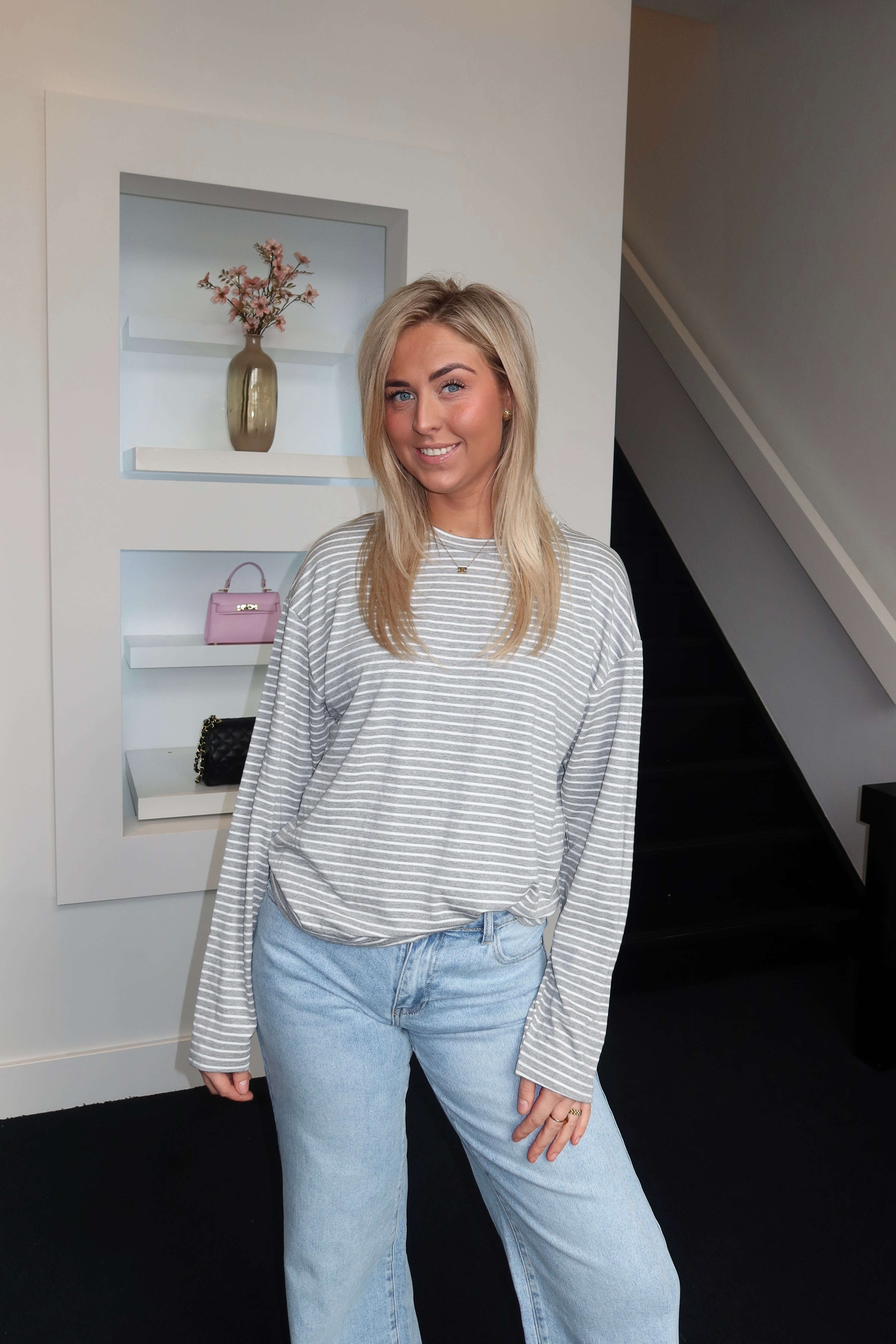 Ava Striped Long Sleeve Light Grey 6364