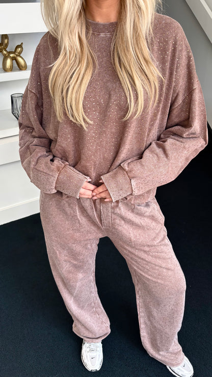 Rhinestone Jogger Set Brown
