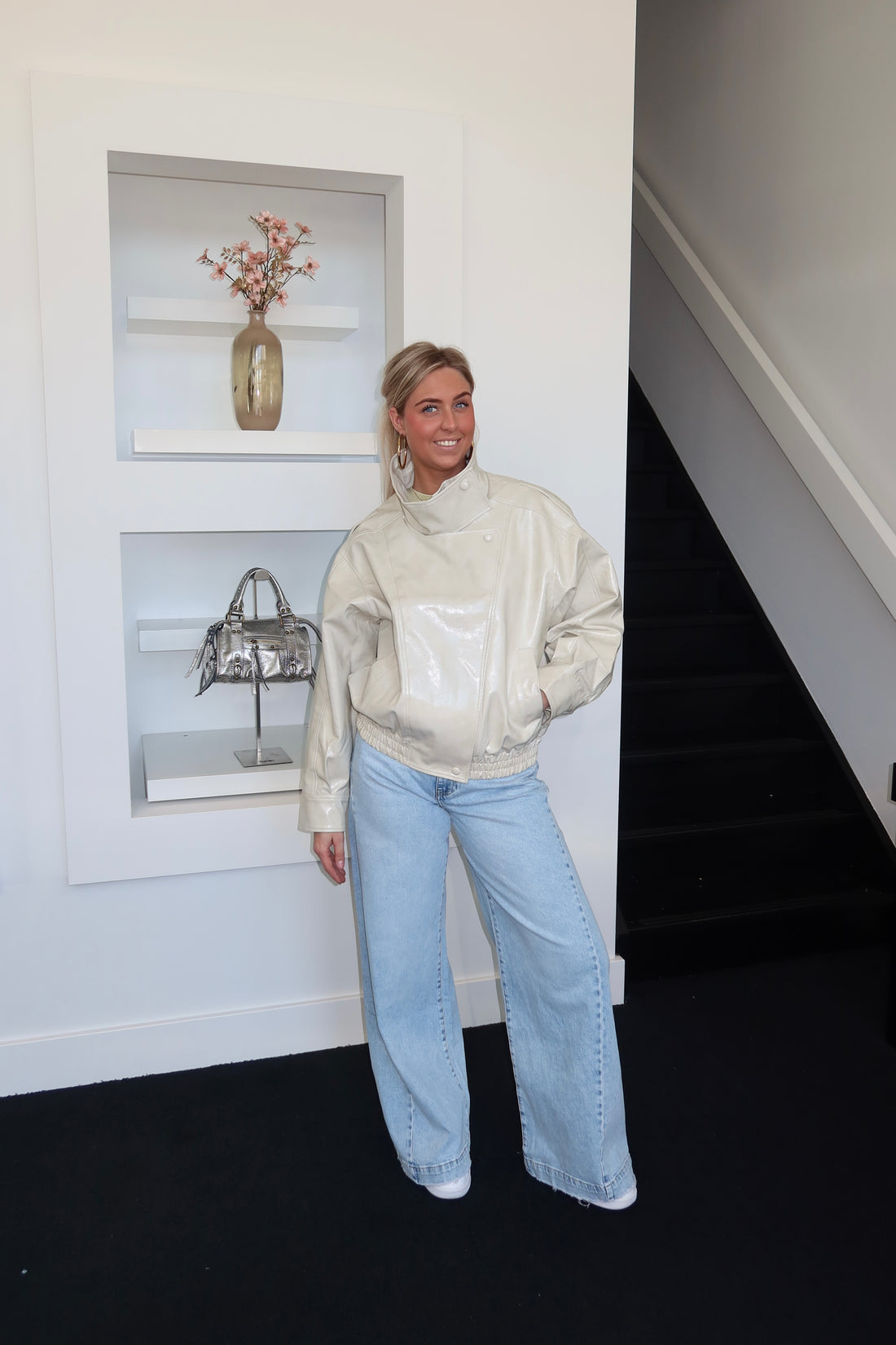 Maeve Shiny Faux Leather Jacket Beige 12