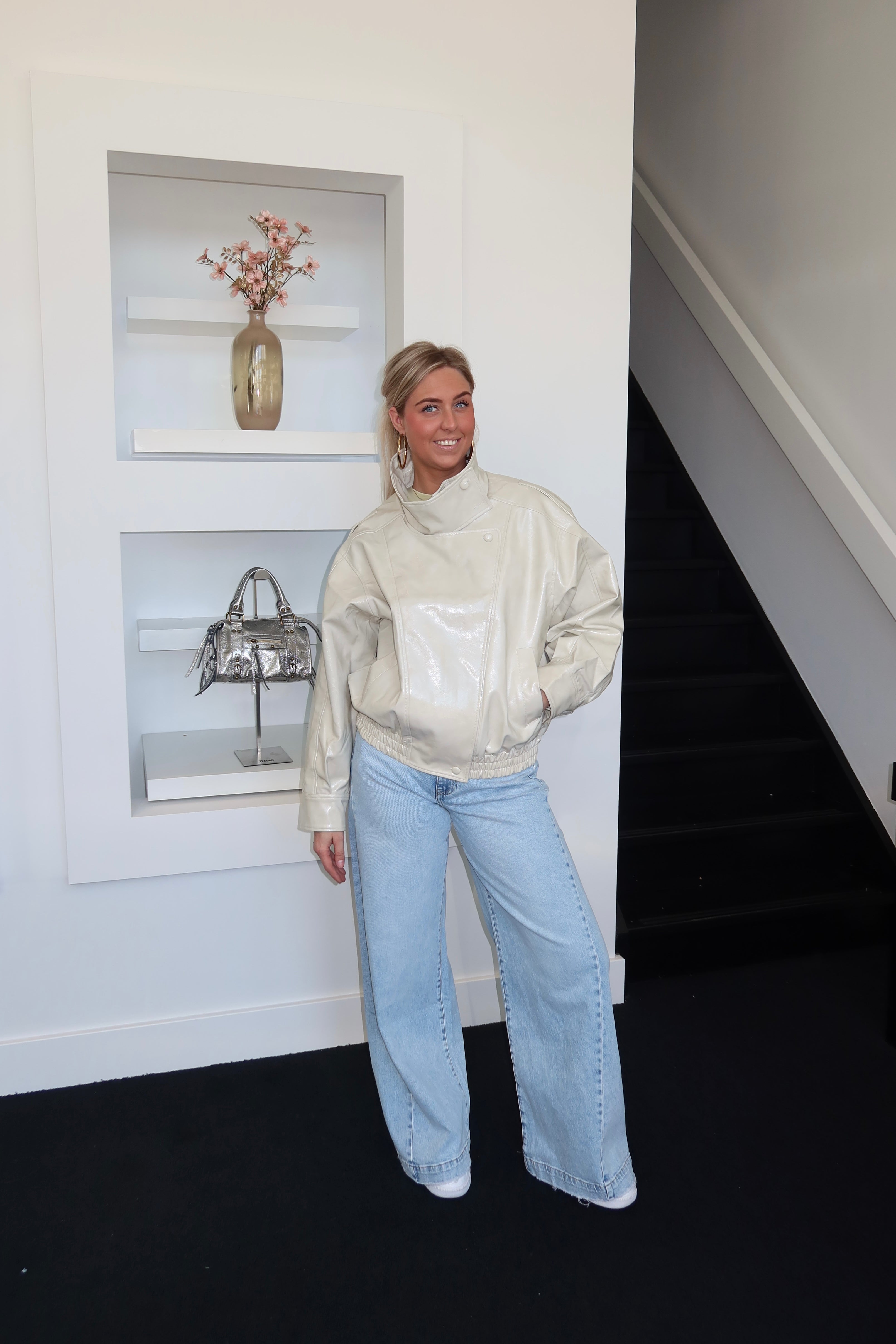 Maeve Shiny Faux Leather Jacket Beige 12