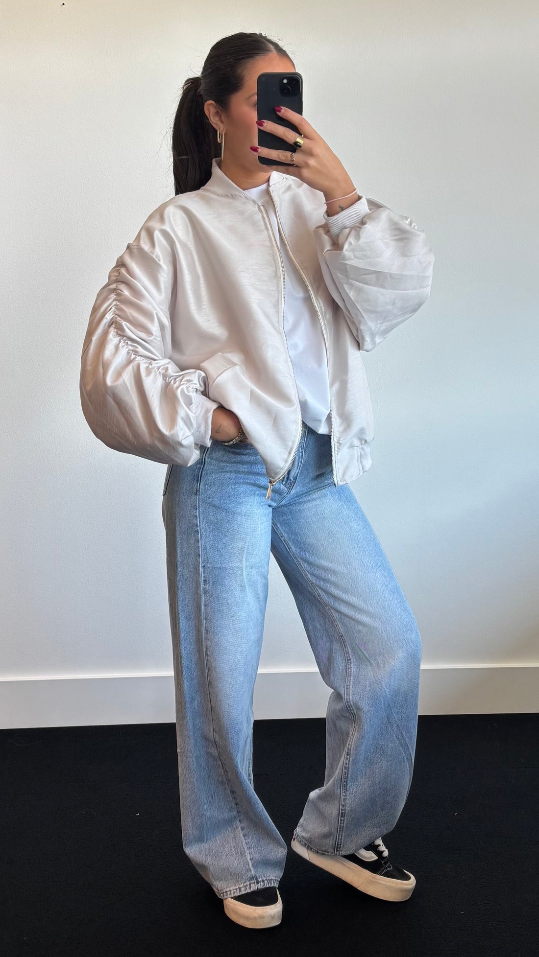 Lois Ruched Satin Bomber Pearl
