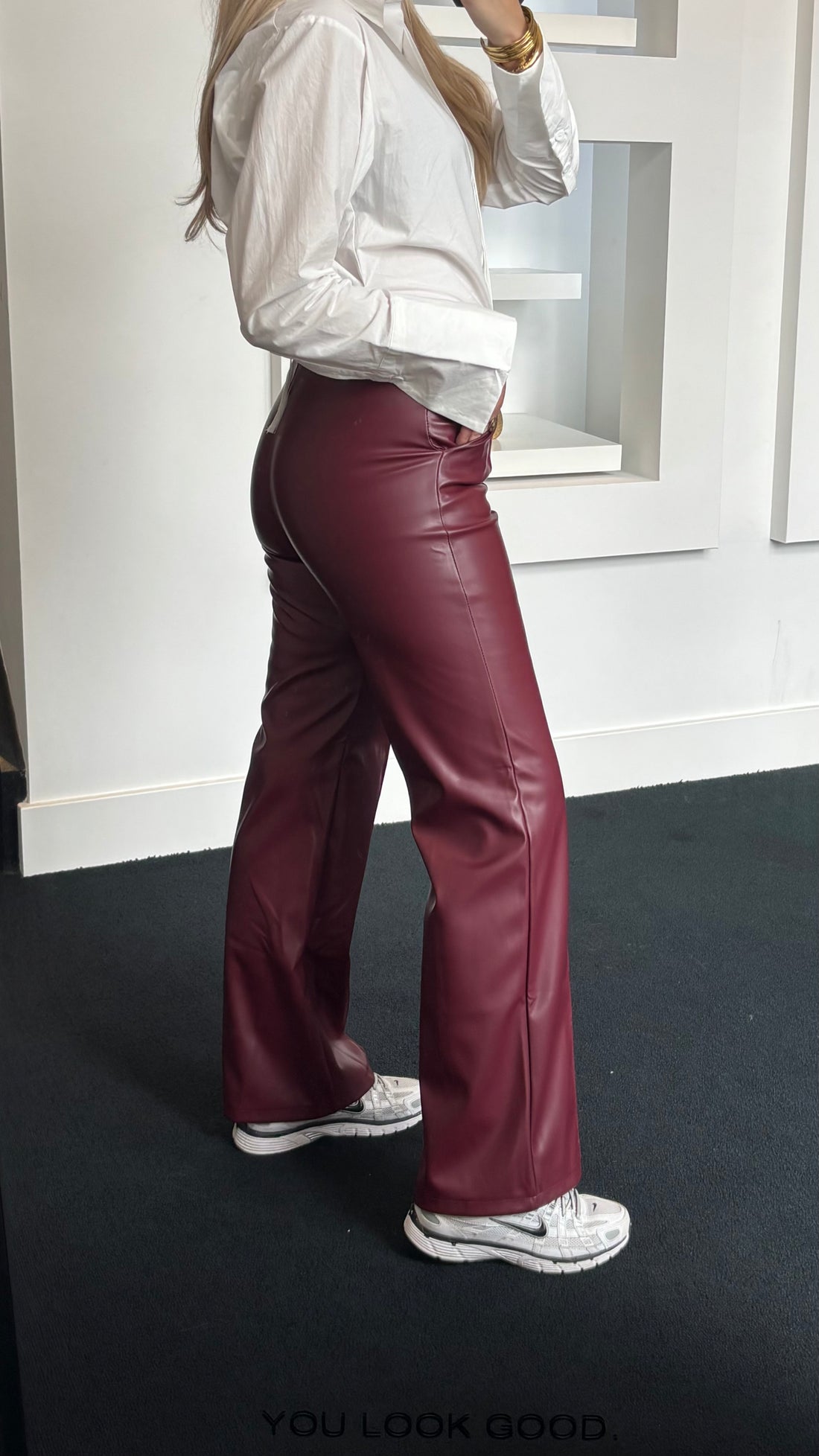 Eef Straight Leather Pants Burgundy 391