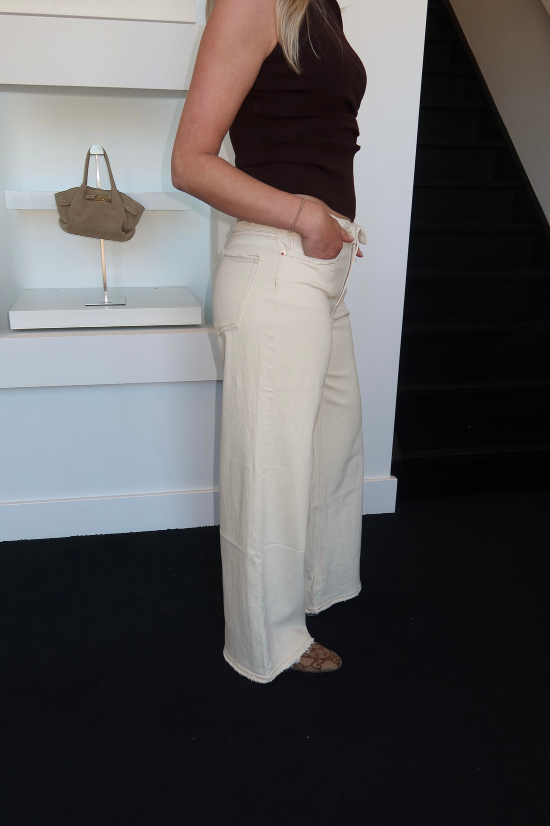 QH Fold Over Wide Leg Jeans Beige 3957