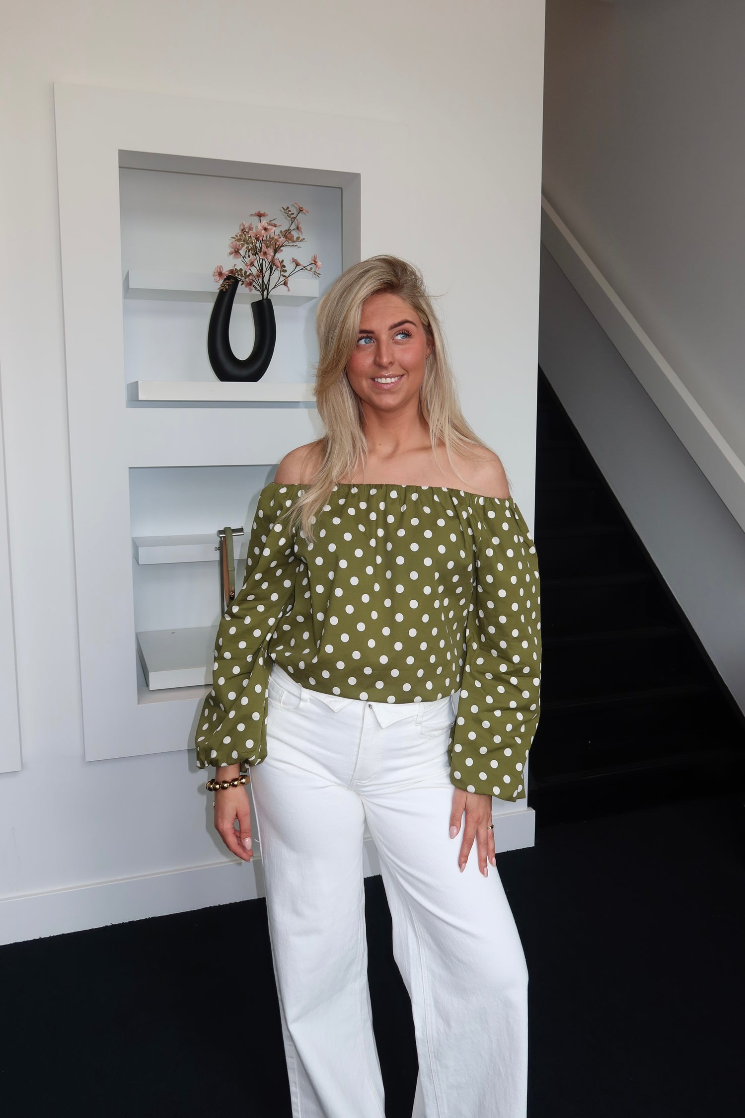 Polka Dots Off The Shoulder Top Green
