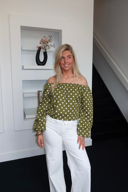 Polka Dots Off The Shoulder Top Green