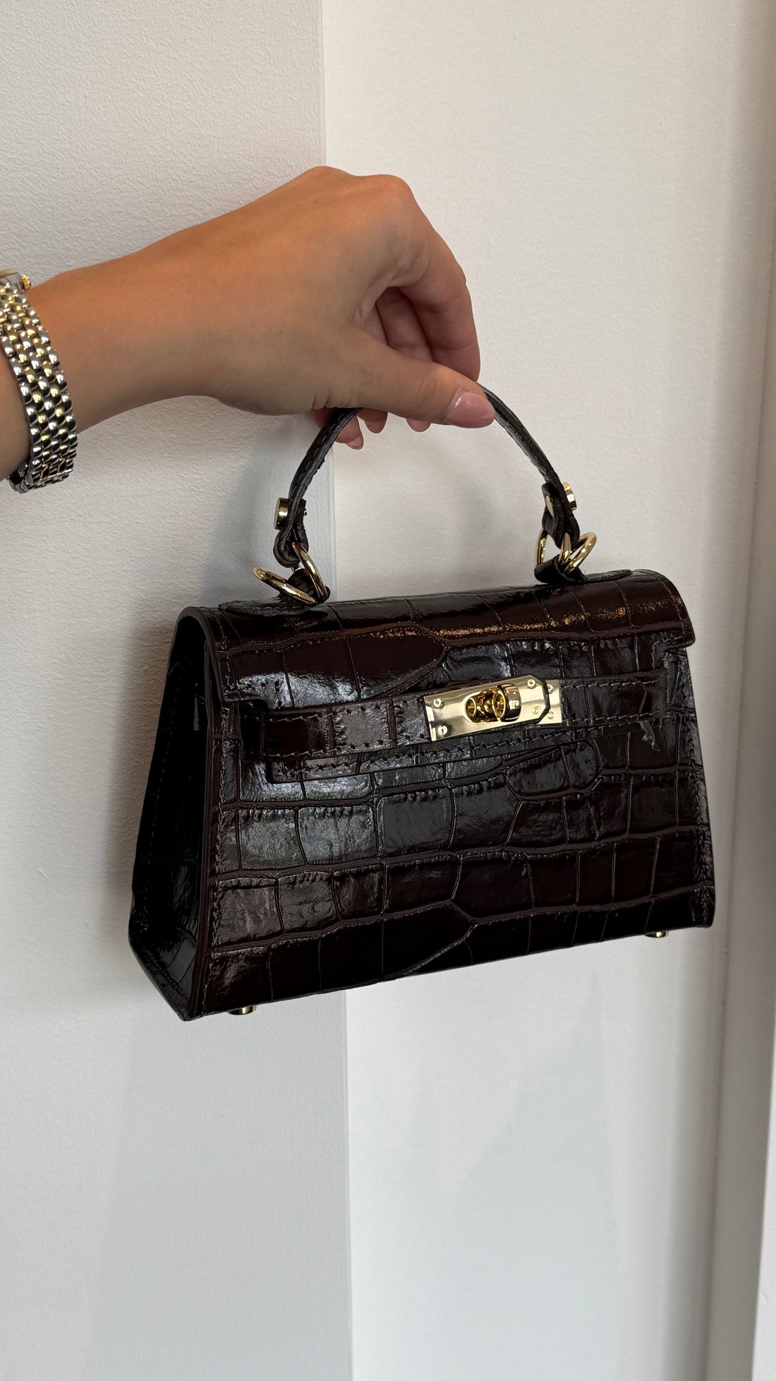 Kella Leather Bag Croco Dark Brown