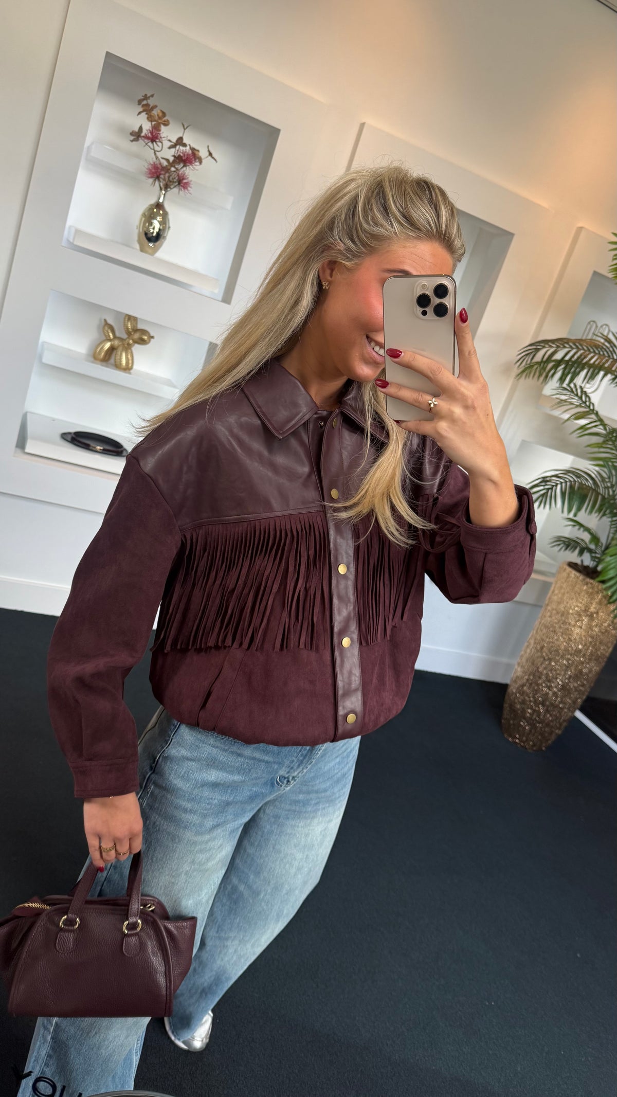 Fringe Suede Leather Jacket Bordeaux 30311