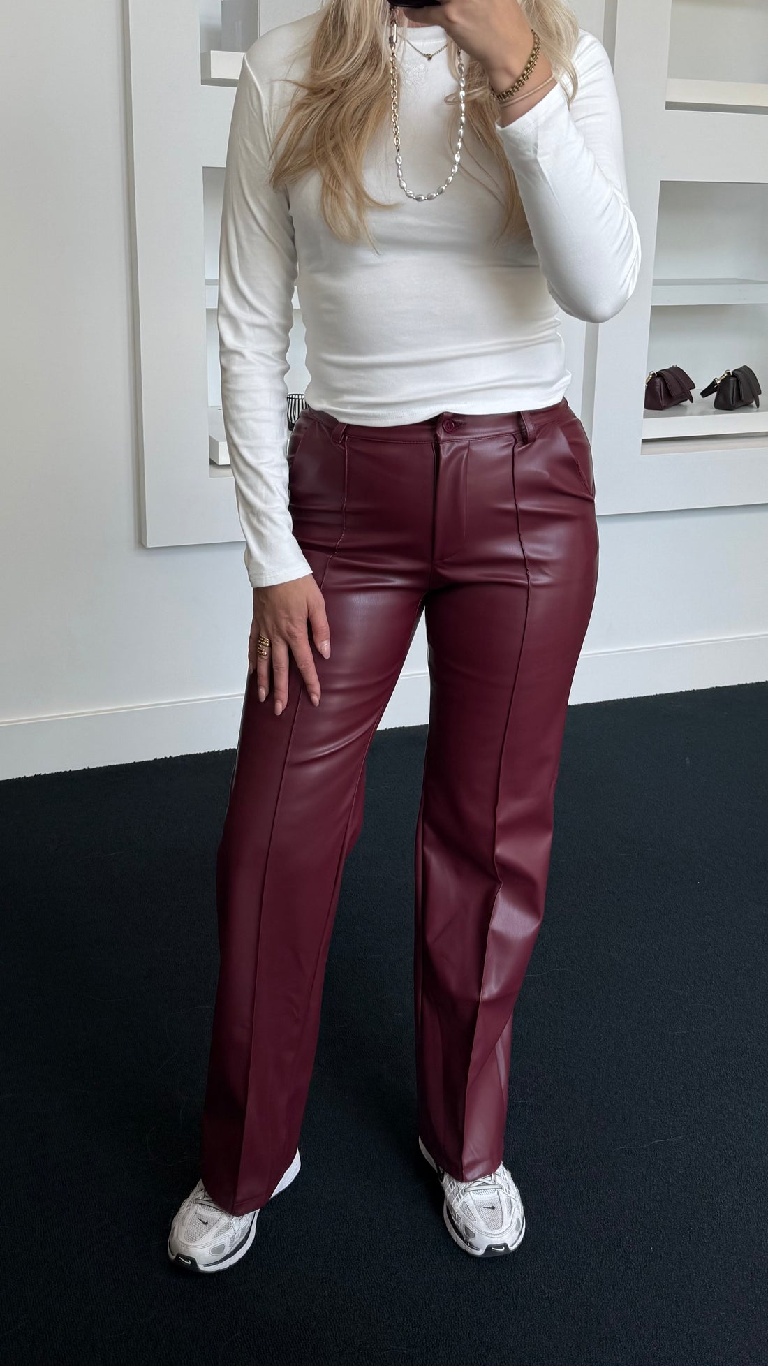 Eef Straight Leather Pants Burgundy 391