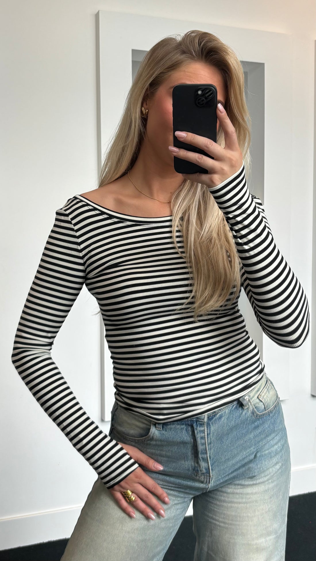 Long Sleeve Striped Top Black