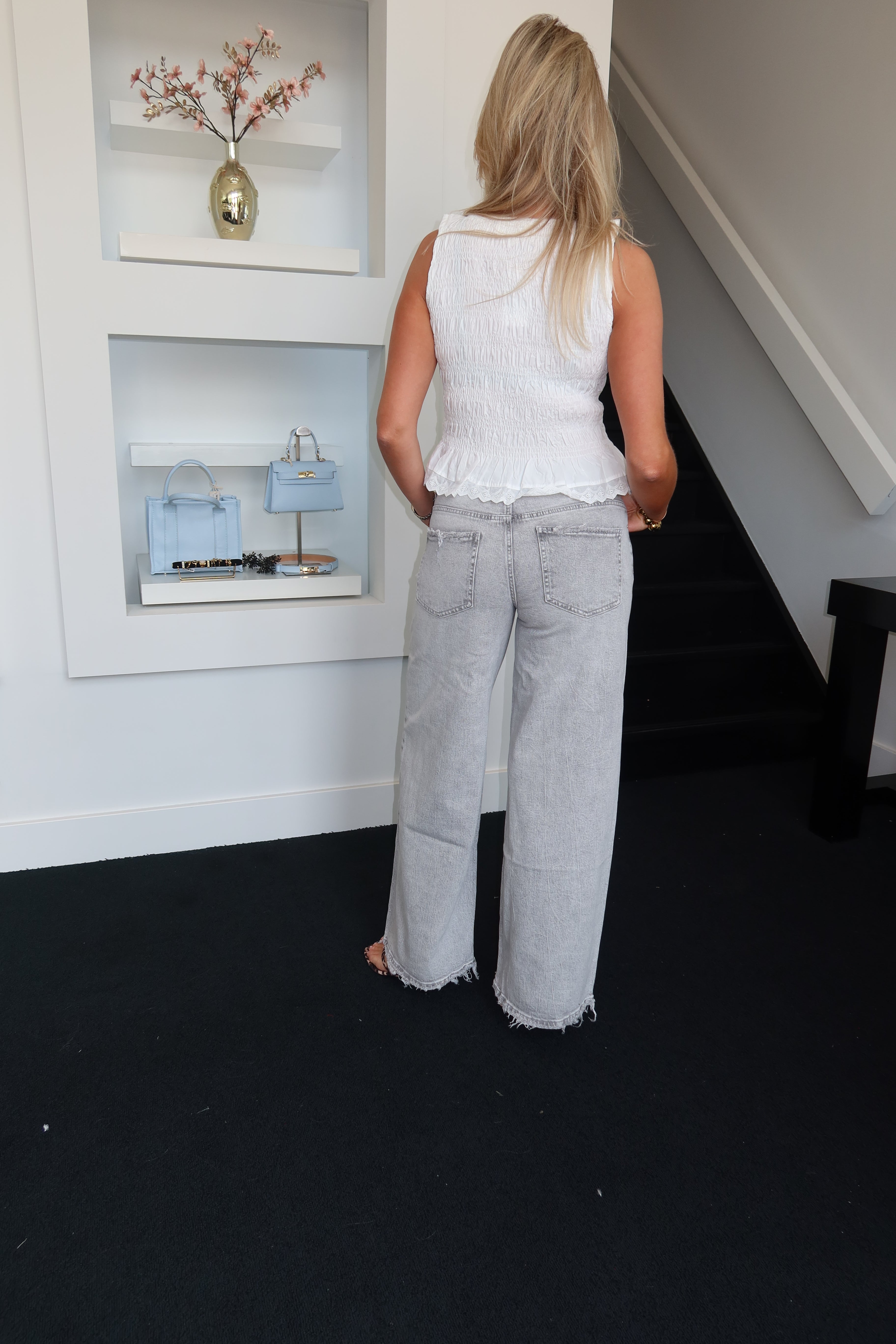 QH Wide Leg Mid Waist Jeans Grey 3902-2
