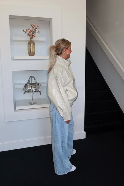 Maeve Shiny Faux Leather Jacket Beige 12