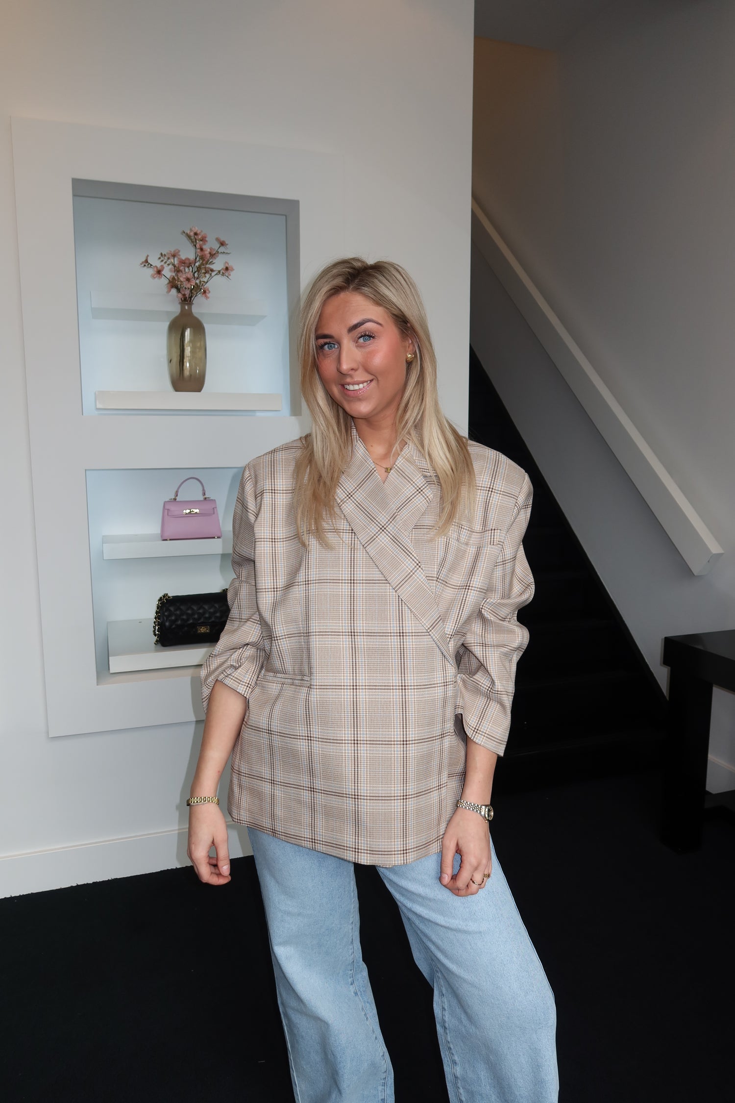 Lola Oversized Boxy Blazer Khaki Plaid