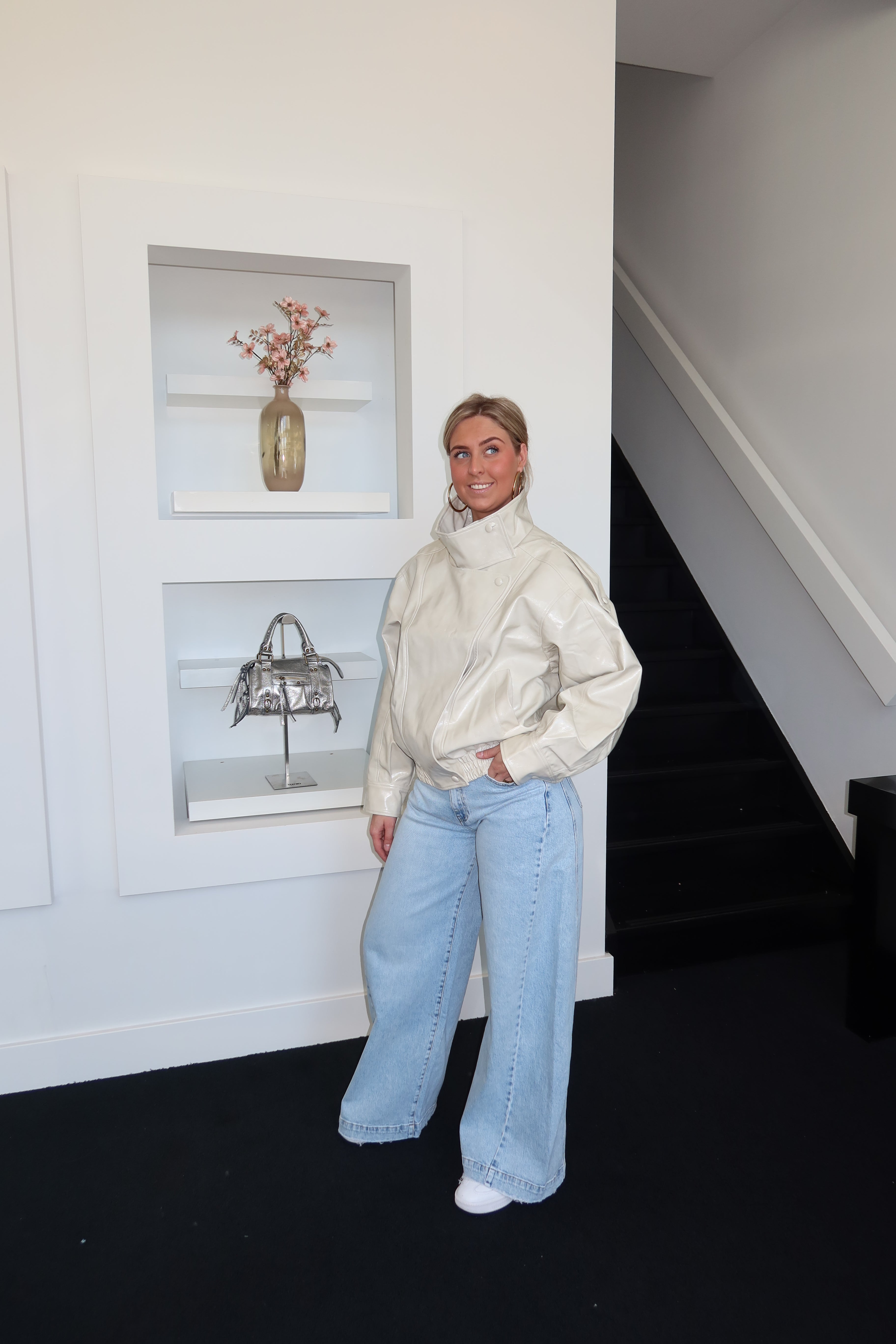 Maeve Shiny Faux Leather Jacket Beige 12