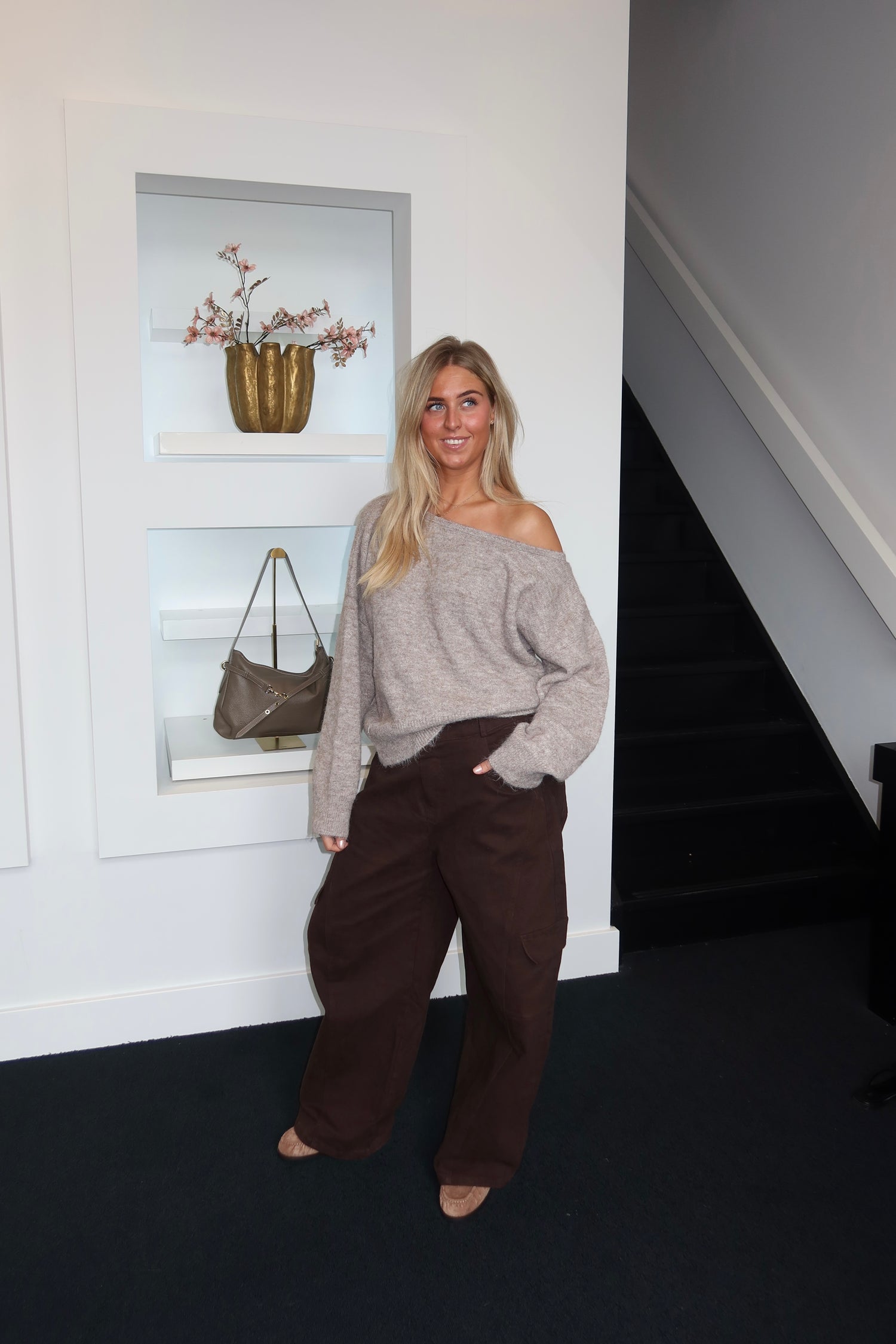 Off Shoulder Knitted Sweater Taupe 315