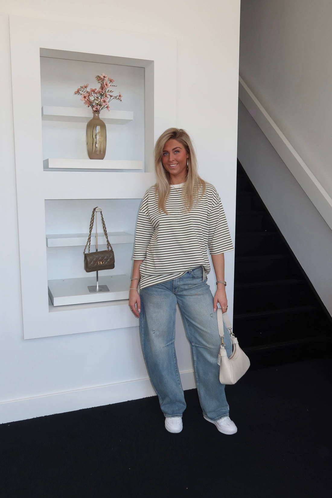 Oversized Striped Tee Beige Green 77033