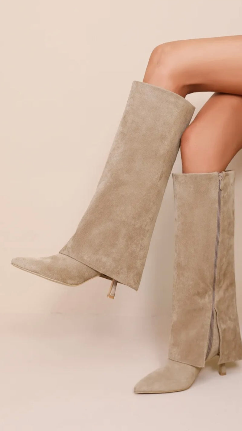 Khaki Suede Heeled Boots With Fold-over