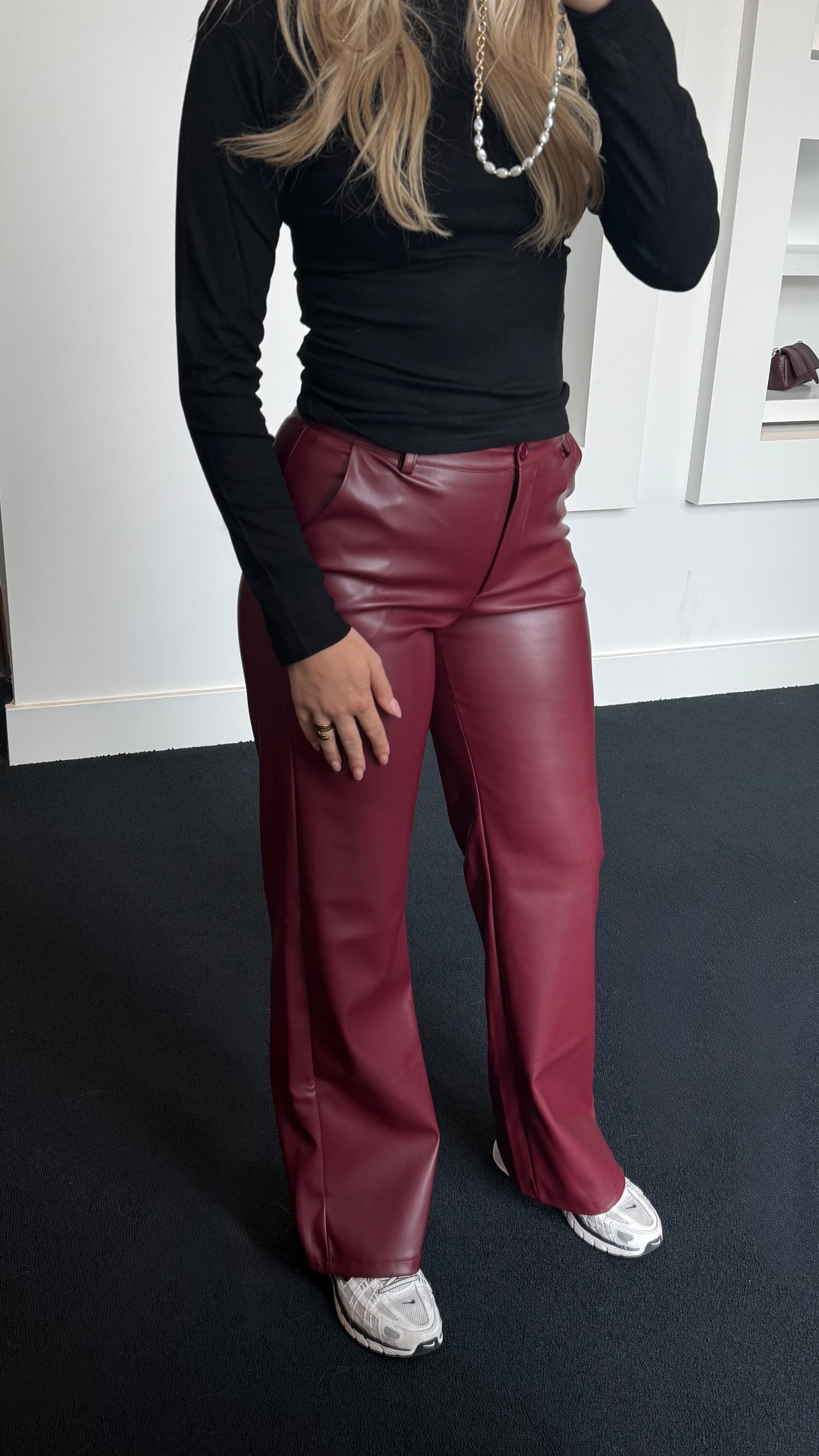 Mira Straight Leather Pants Burgundy 317