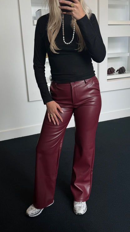 Mira Straight Leather Pants Burgundy 317