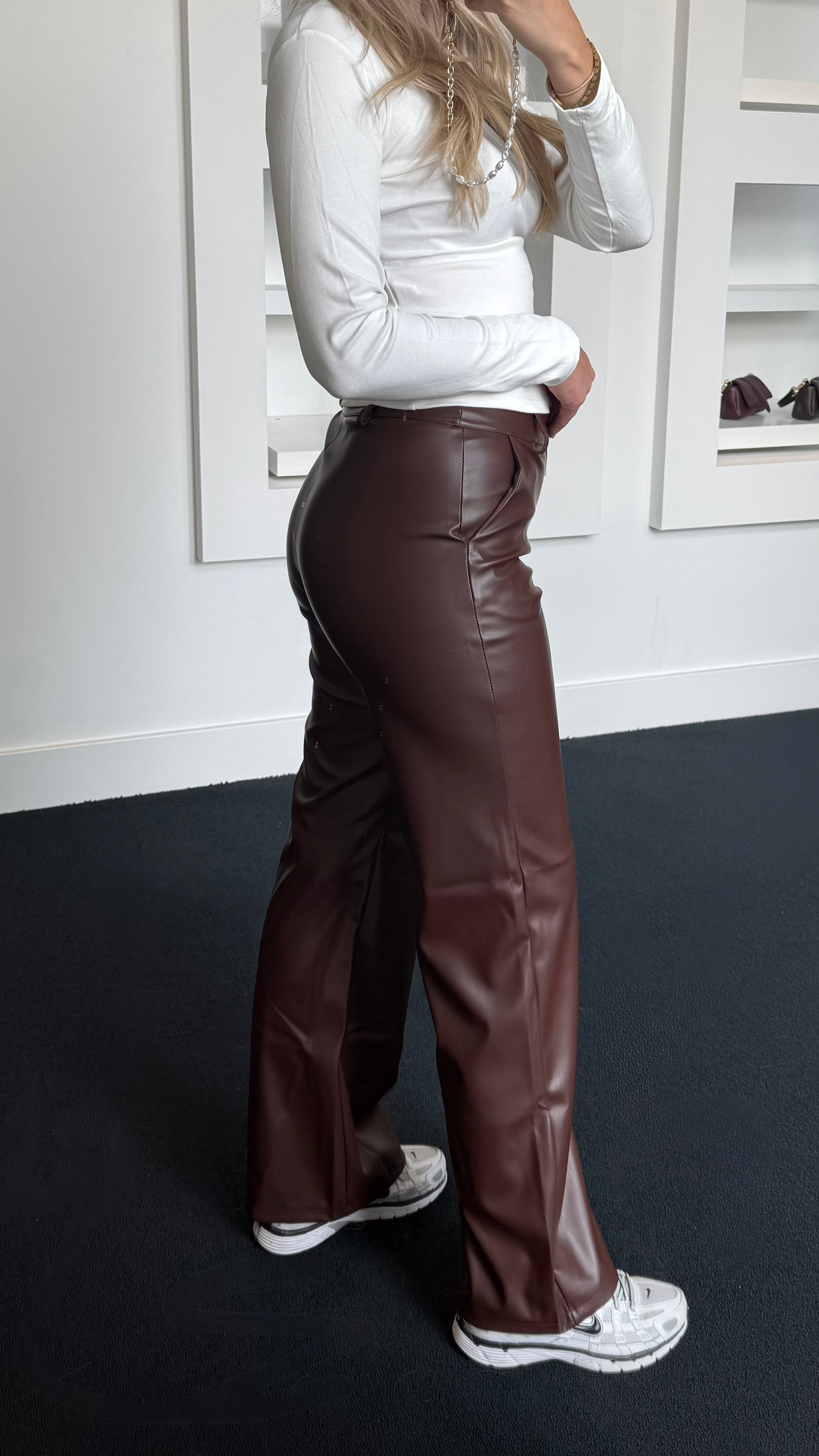 Mira Straight Leather Pants Brown 317