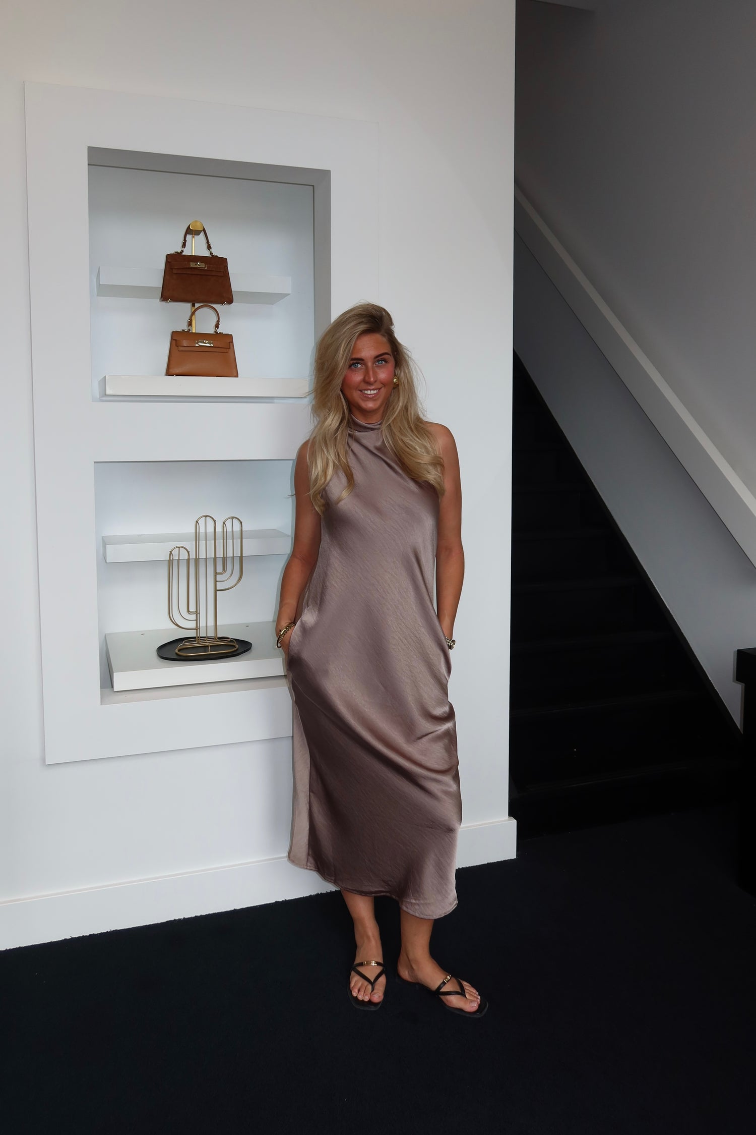 Faye Satin Halter Dress Taupe