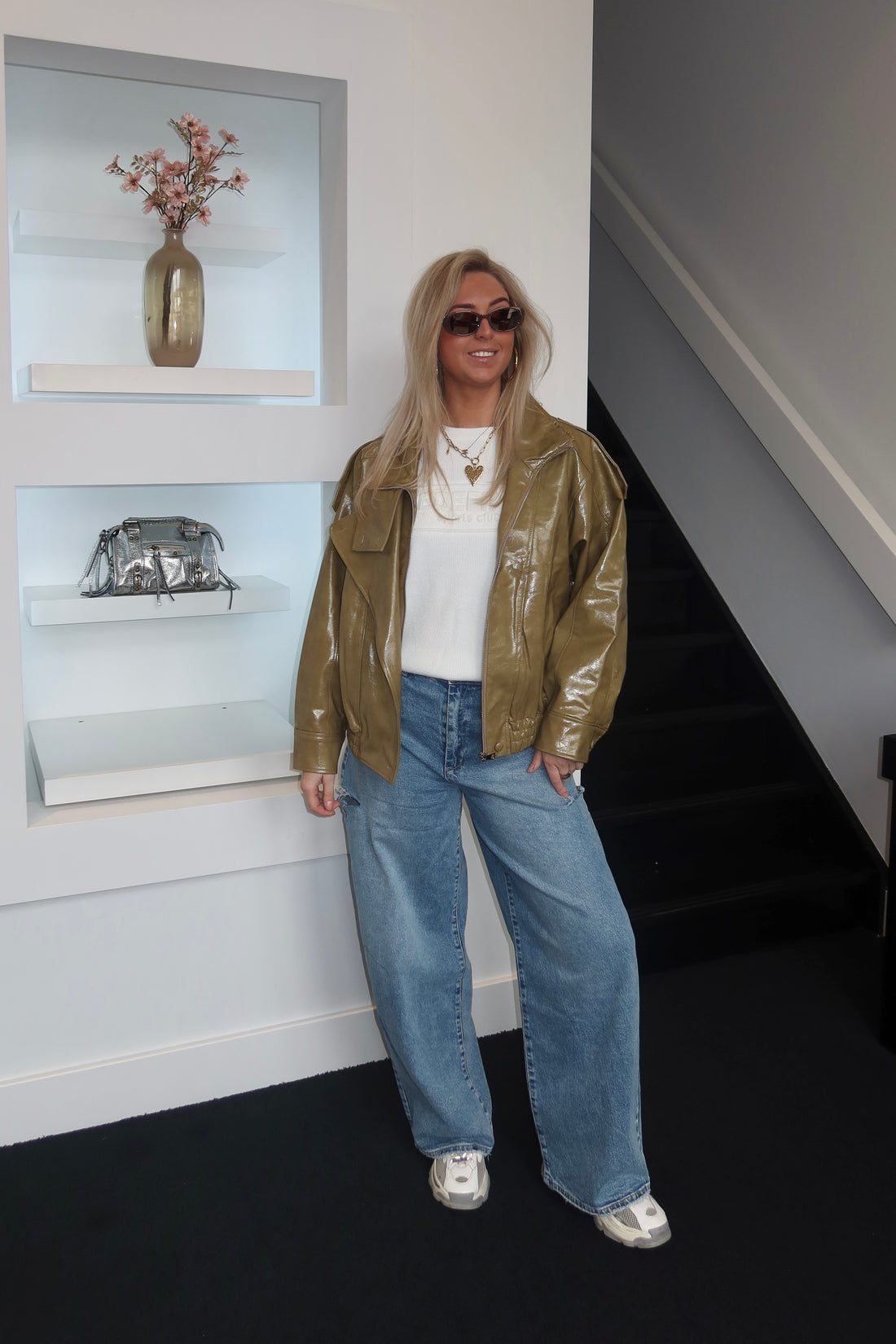 Maeve Shiny Faux Leather Jacket Olive 12