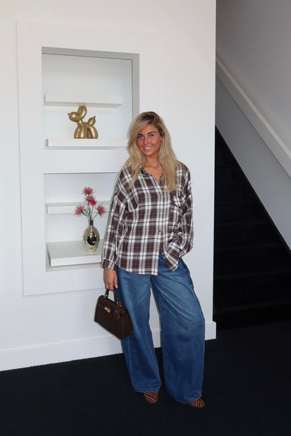 Oversized Plaid Blouse Brown 1029-1