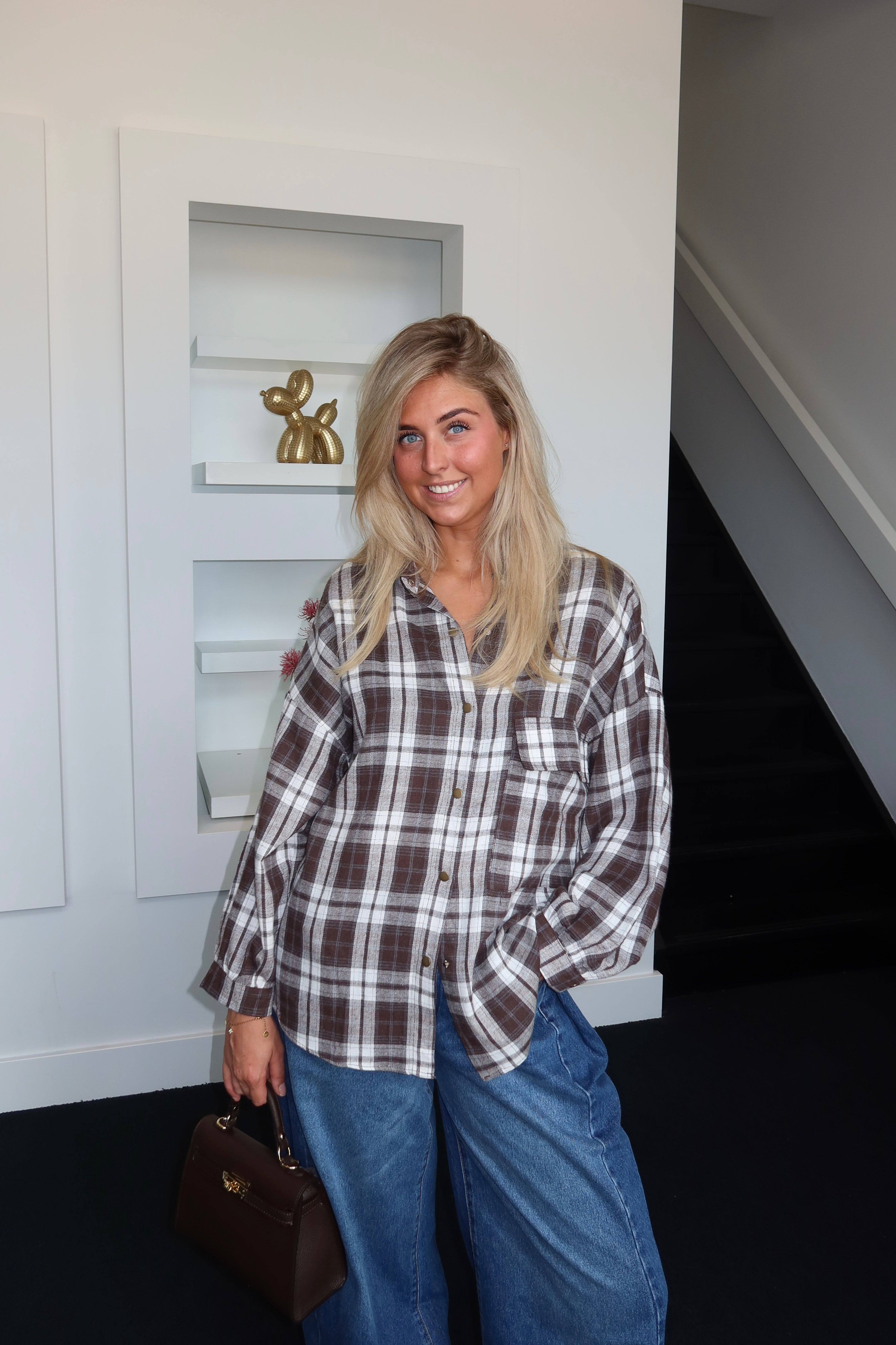 Oversized Plaid Blouse Brown 1029-1