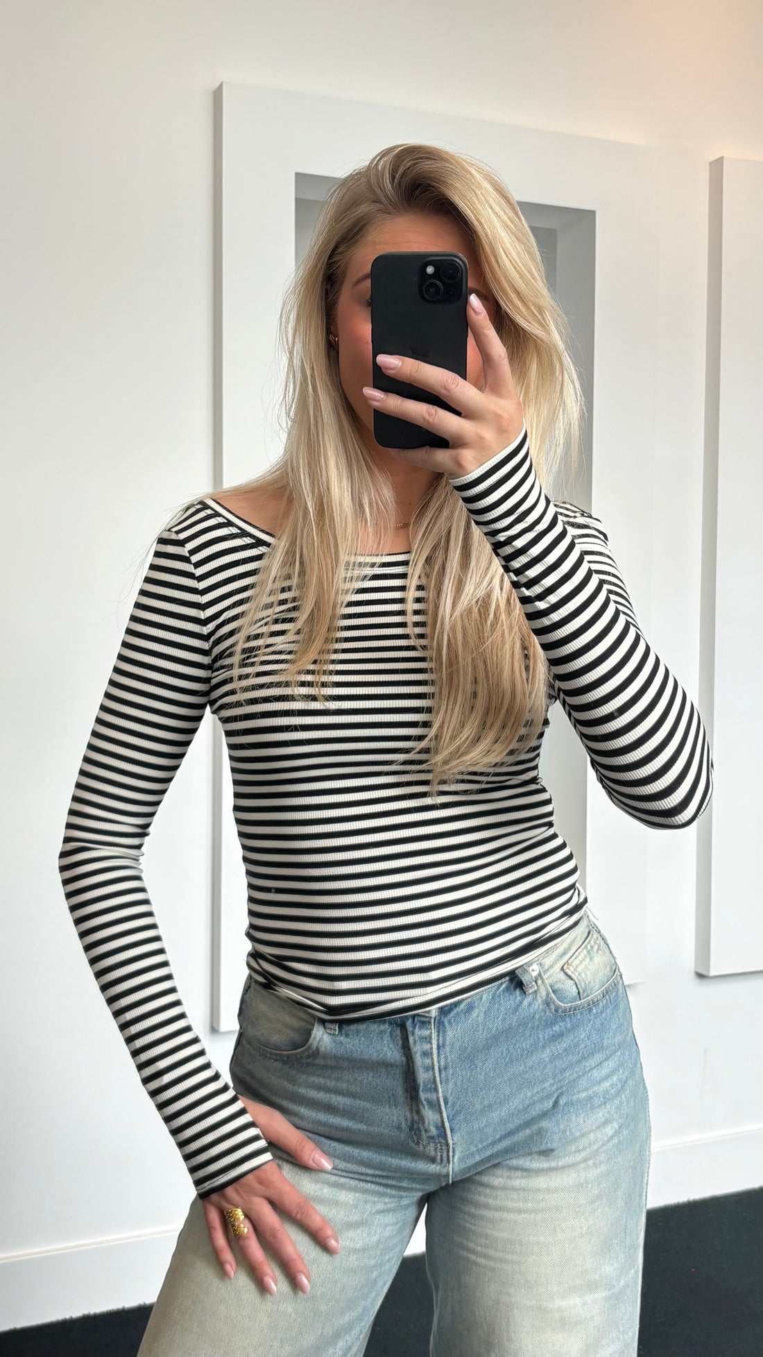 Long Sleeve Striped Top Black