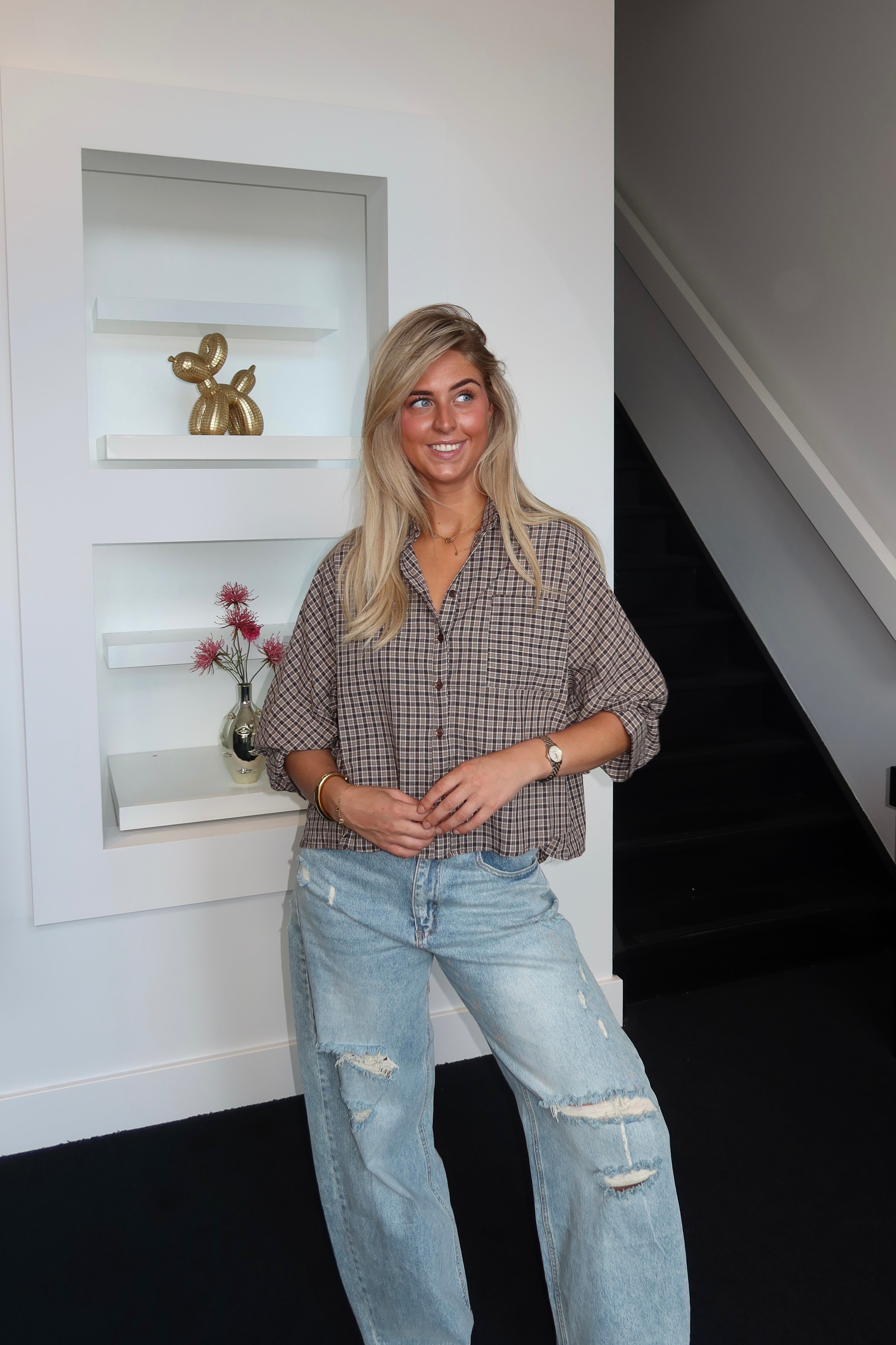 Plaid Blouse Camel 65063