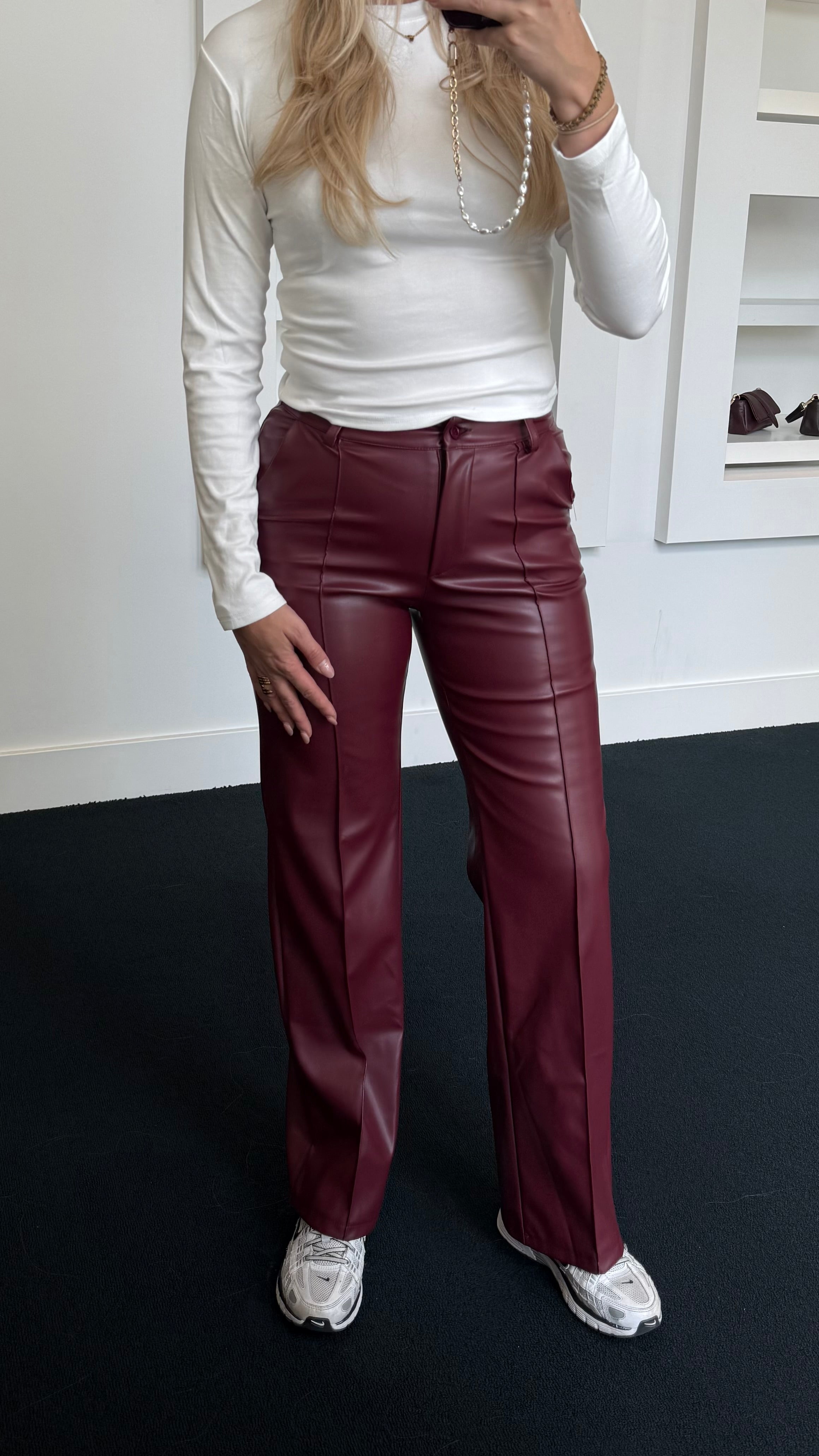 Eef Straight Leather Pants Burgundy 391
