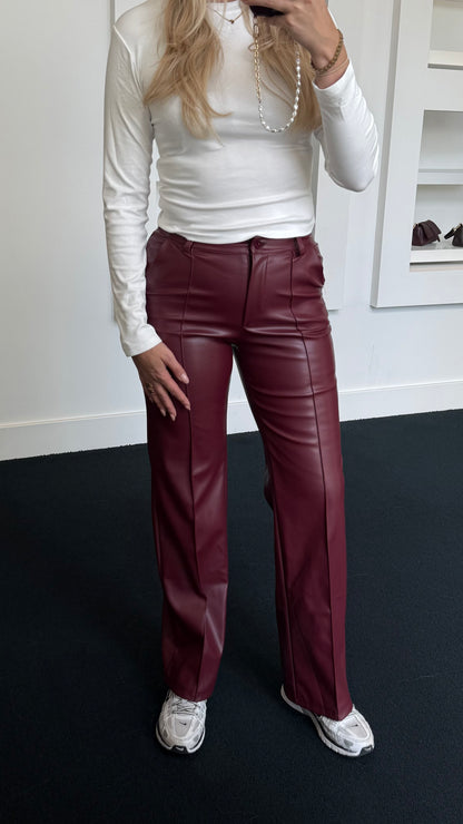 Eef Straight Leather Pants Burgundy 391