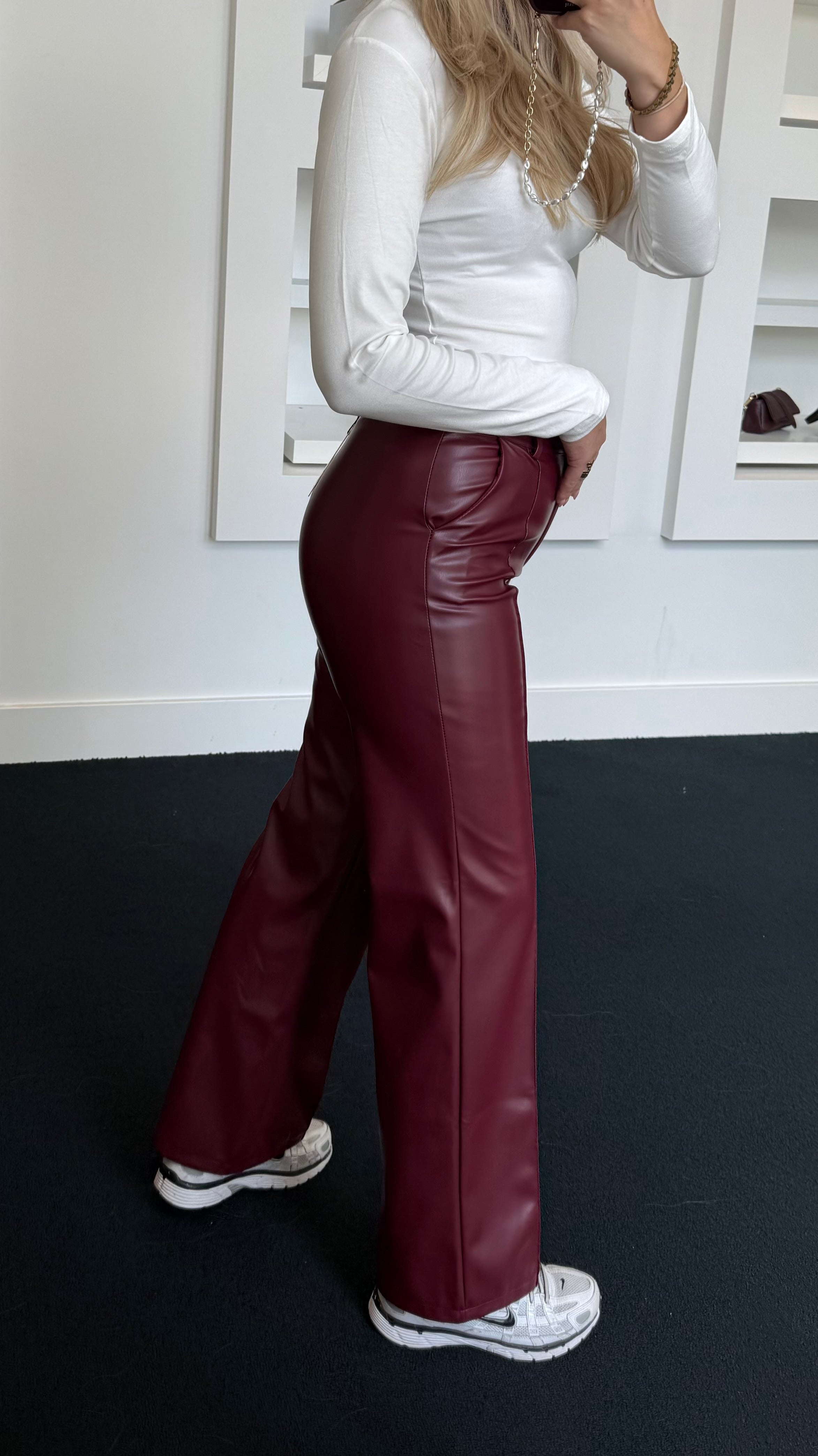 Eef Straight Leather Pants Burgundy 391