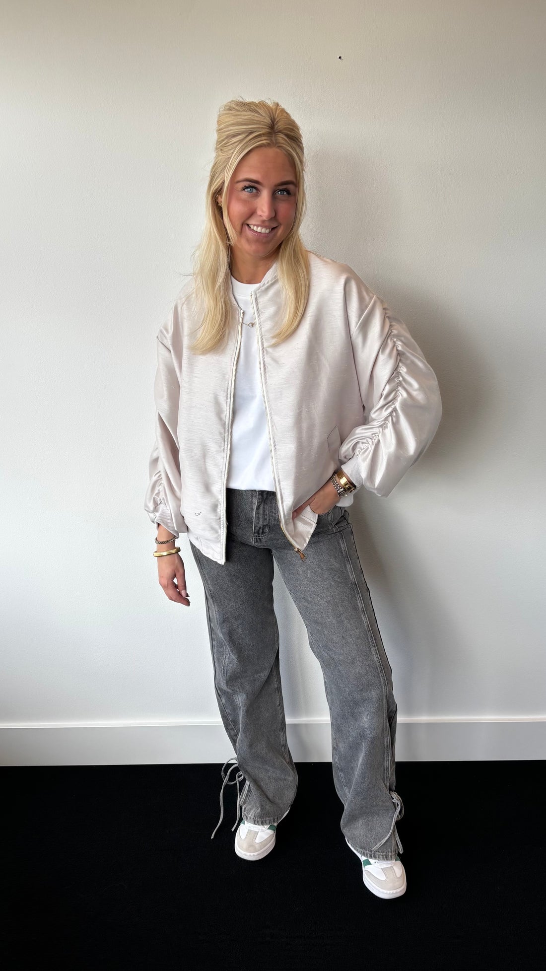 Lois Ruched Satin Bomber Pearl