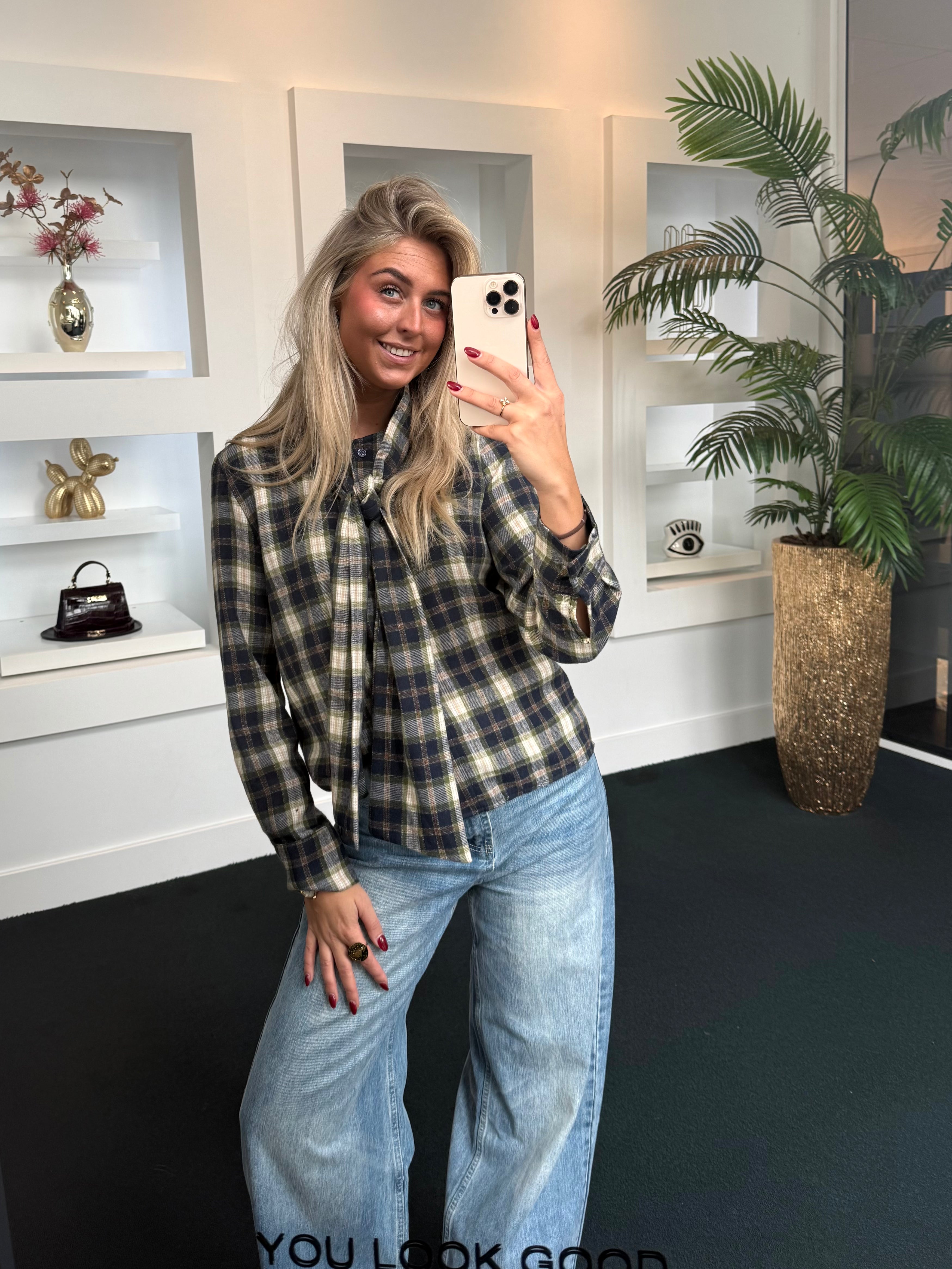 Scarf Plaid Blouse Navy