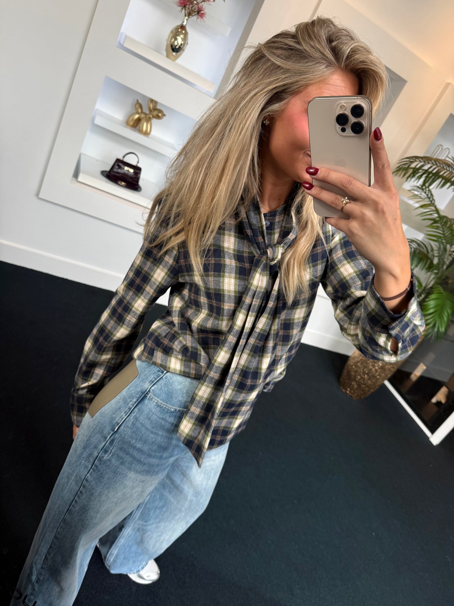 Scarf Plaid Blouse Navy