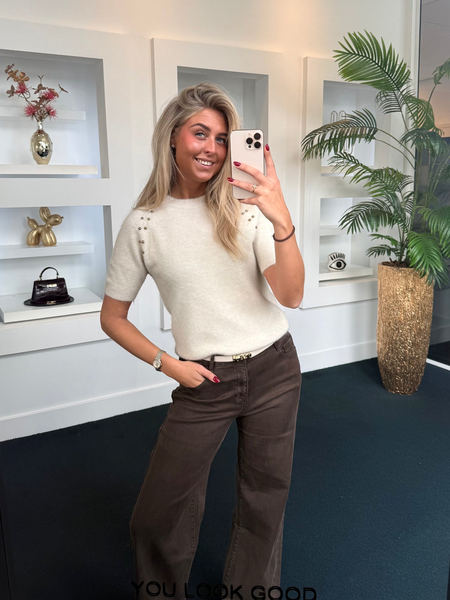 Studded Short Sleeve Knit Beige