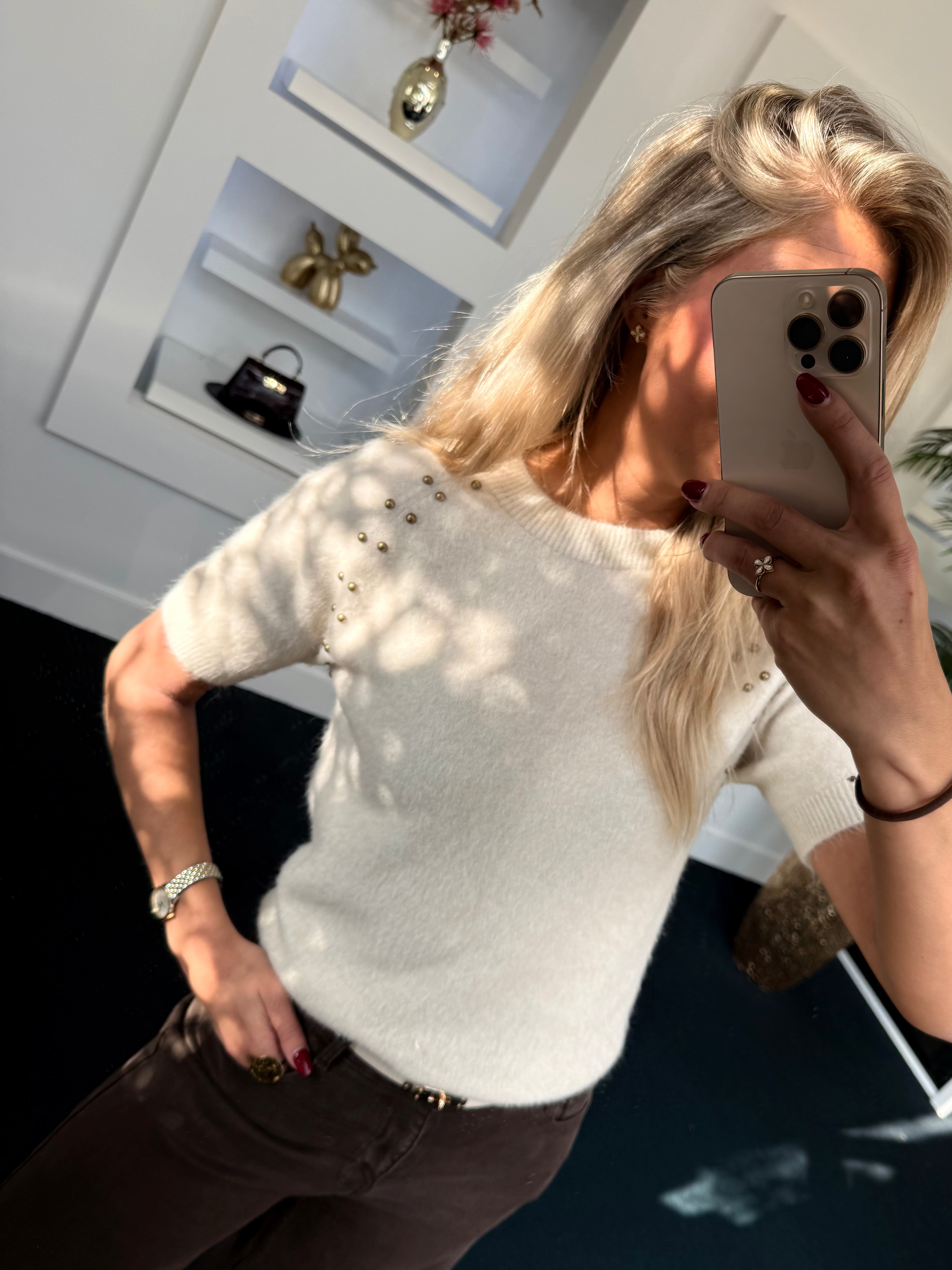 Studded Short Sleeve Knit Beige