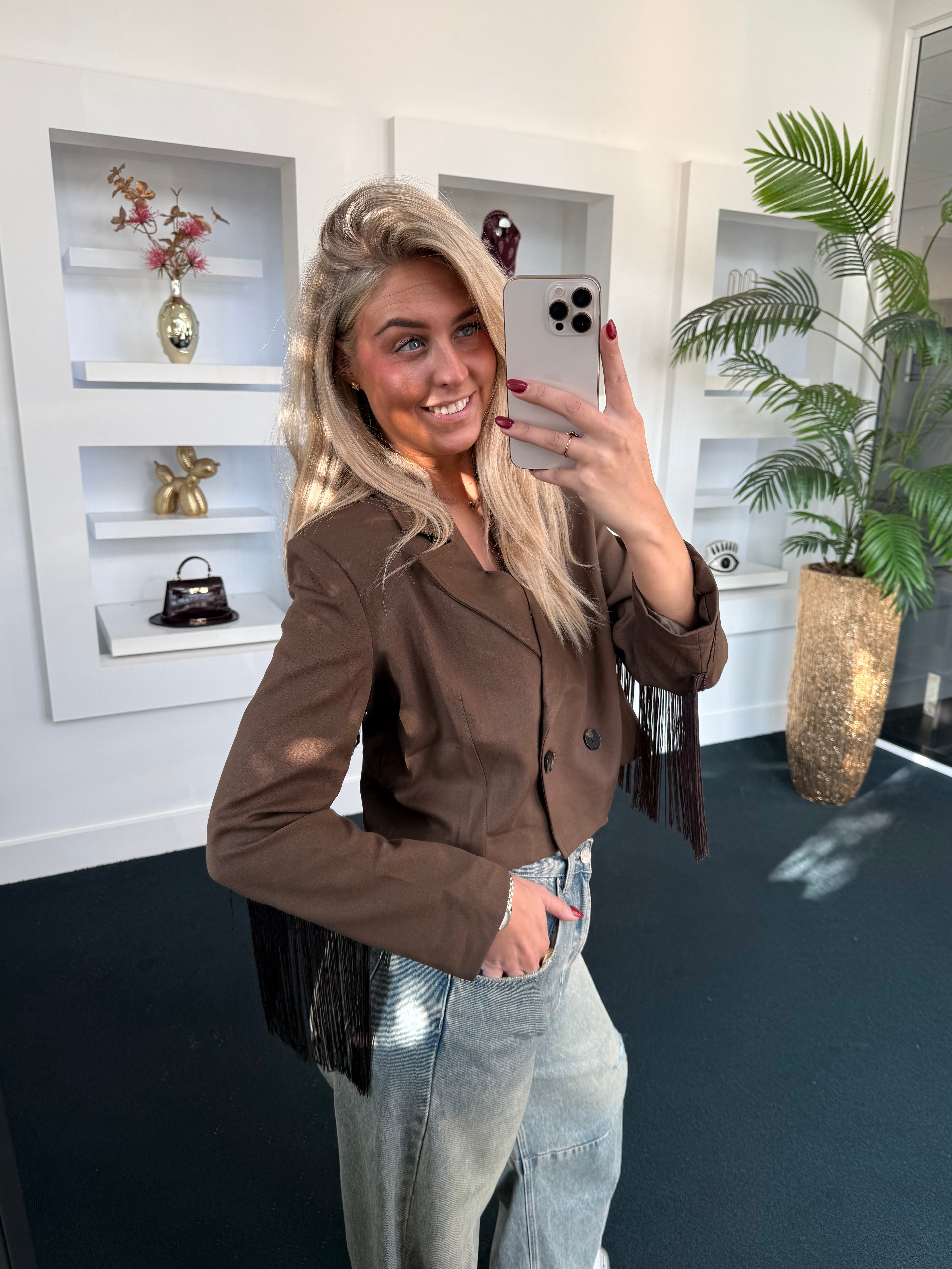 Evie Fringe Cropped Blazer Khaki
