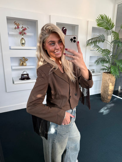 Evie Fringe Cropped Blazer Khaki