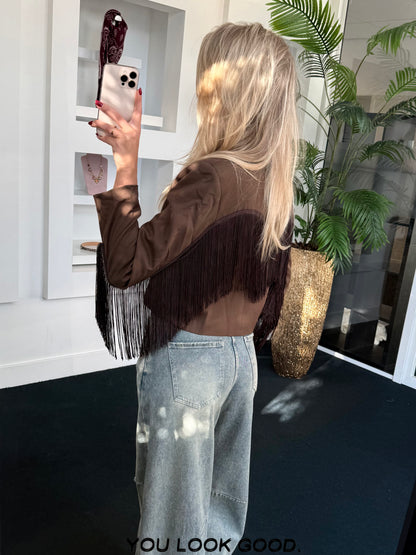 Evie Fringe Cropped Blazer Khaki